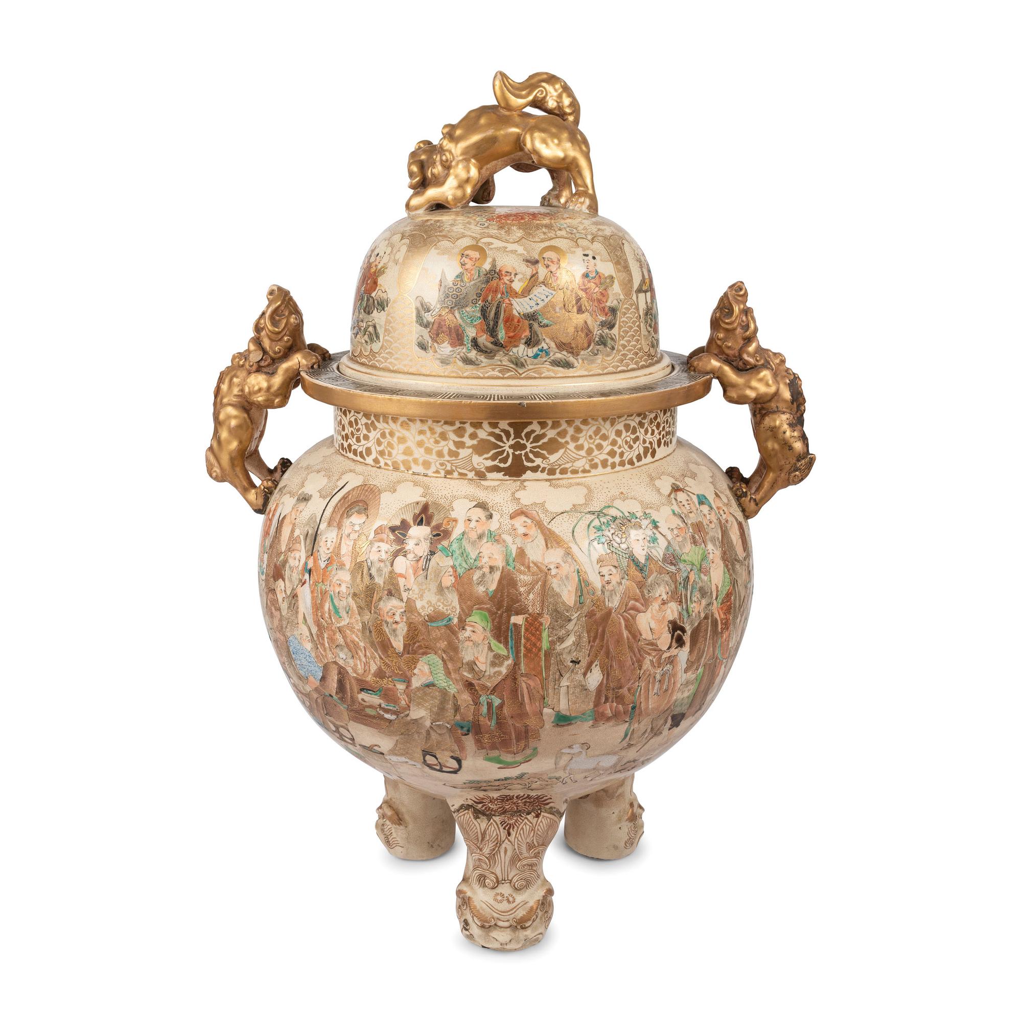 A Monumental Satsuma Porcelain Tripod Vessel and Cover