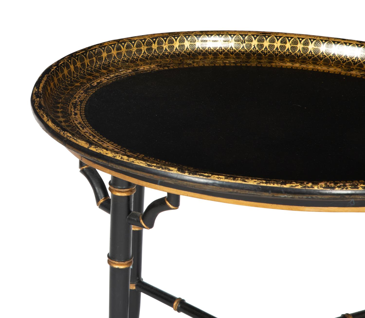 A Regency Style Black and Gilt Decorated Lacquer Tray Top Table