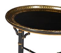 A Regency Style Black and Gilt Decorated Lacquer Tray Top Table