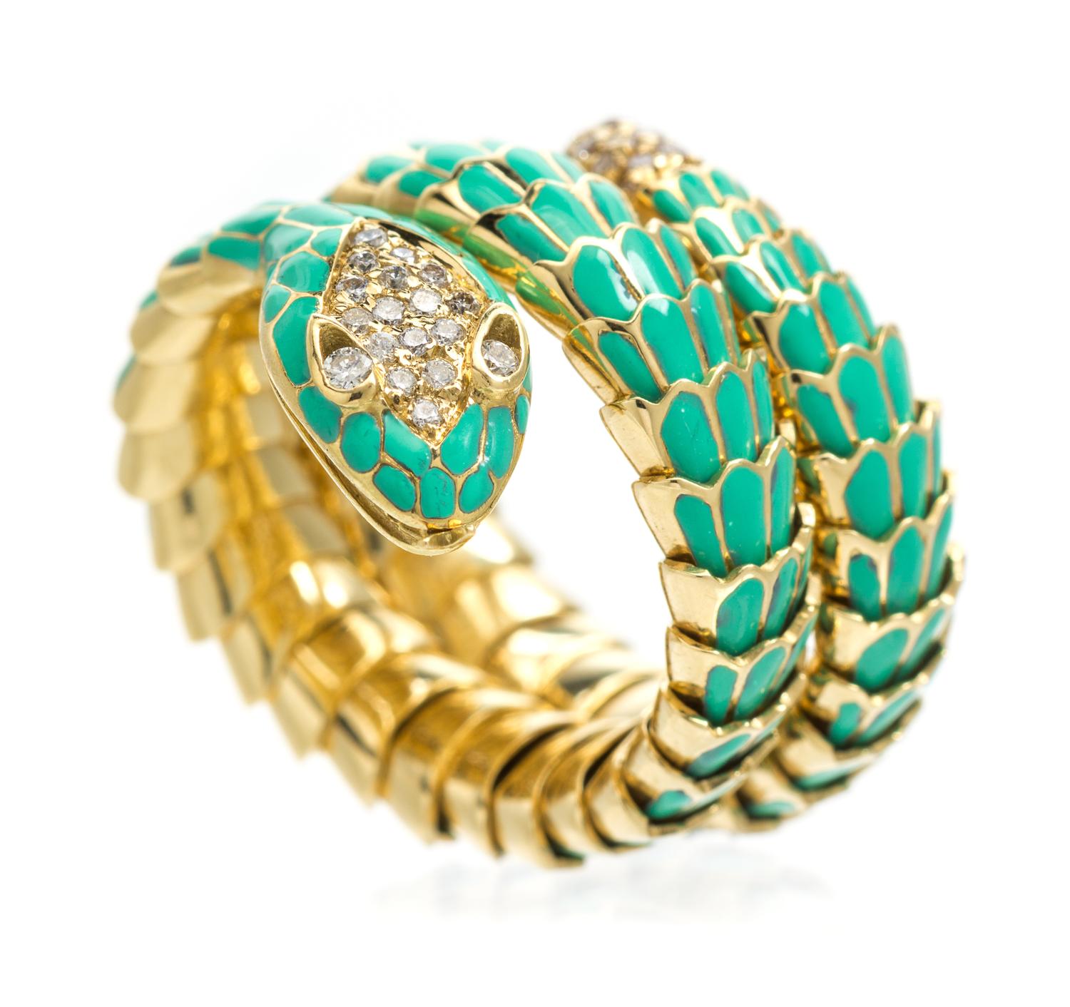 An 18 Karat Yellow Gold, Diamond and Enamel Serpent Ring, Roberto Legnazzi, 14.40 dwts.