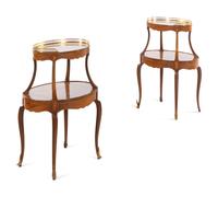 A Pair of Louis XV Style Gilt Metal Mounted and Marquetry Satinwood Two-Tier Tables
