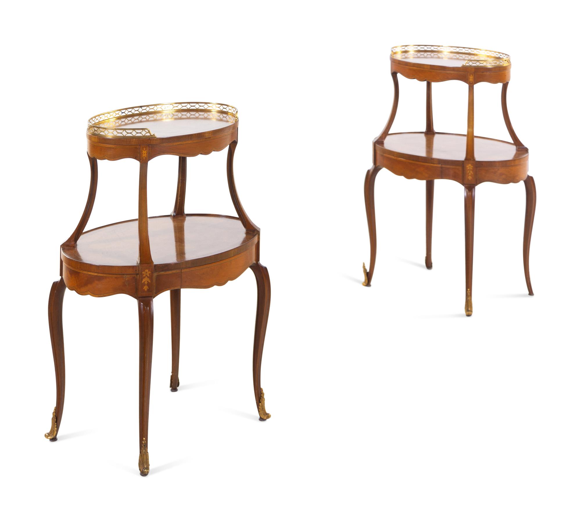 A Pair of Louis XV Style Gilt Metal Mounted and Marquetry Satinwood Two-Tier Tables