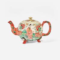 A salt-glazed stoneware teapot with Chinoiserie decoration circa 1760