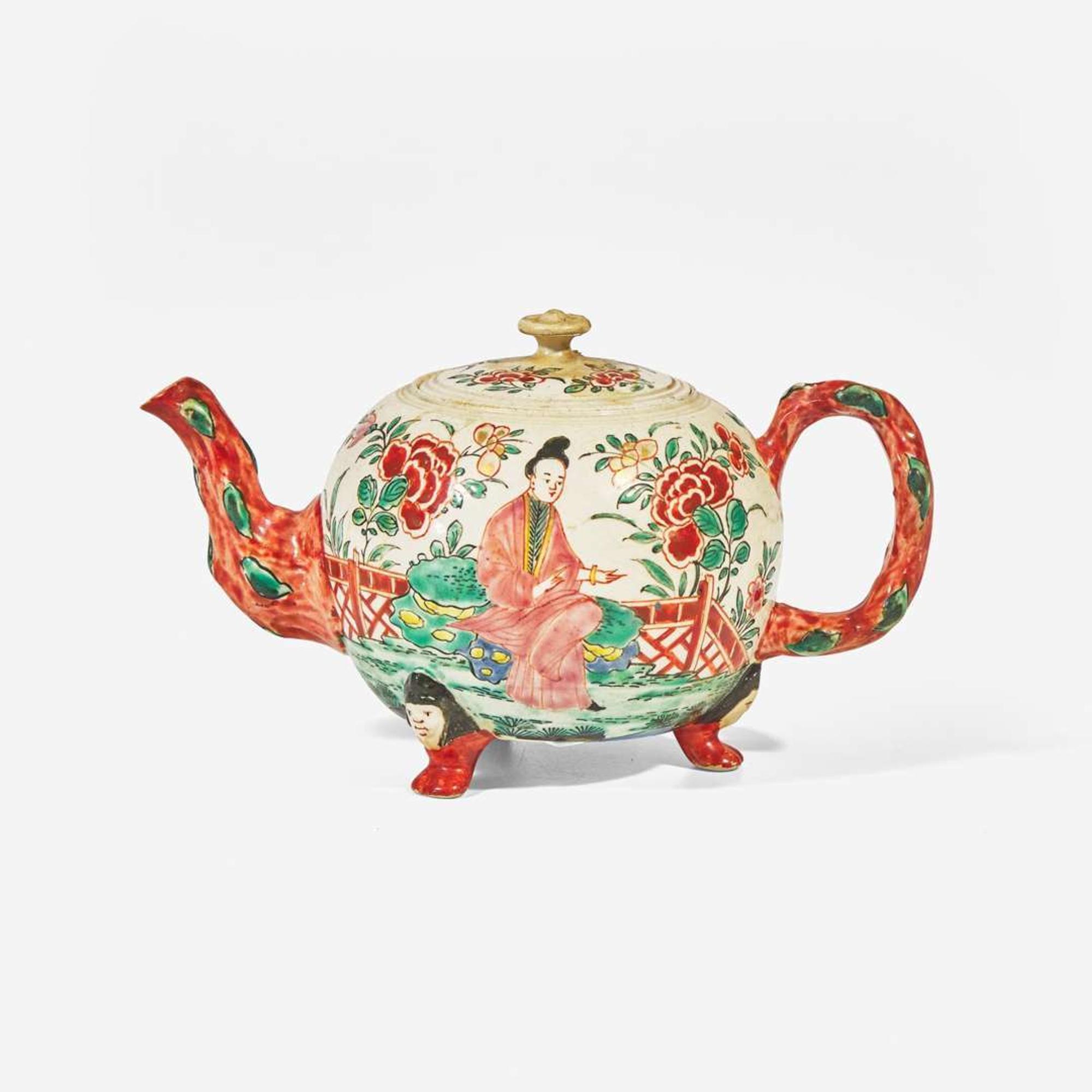 A salt-glazed stoneware teapot with Chinoiserie decoration circa 1760