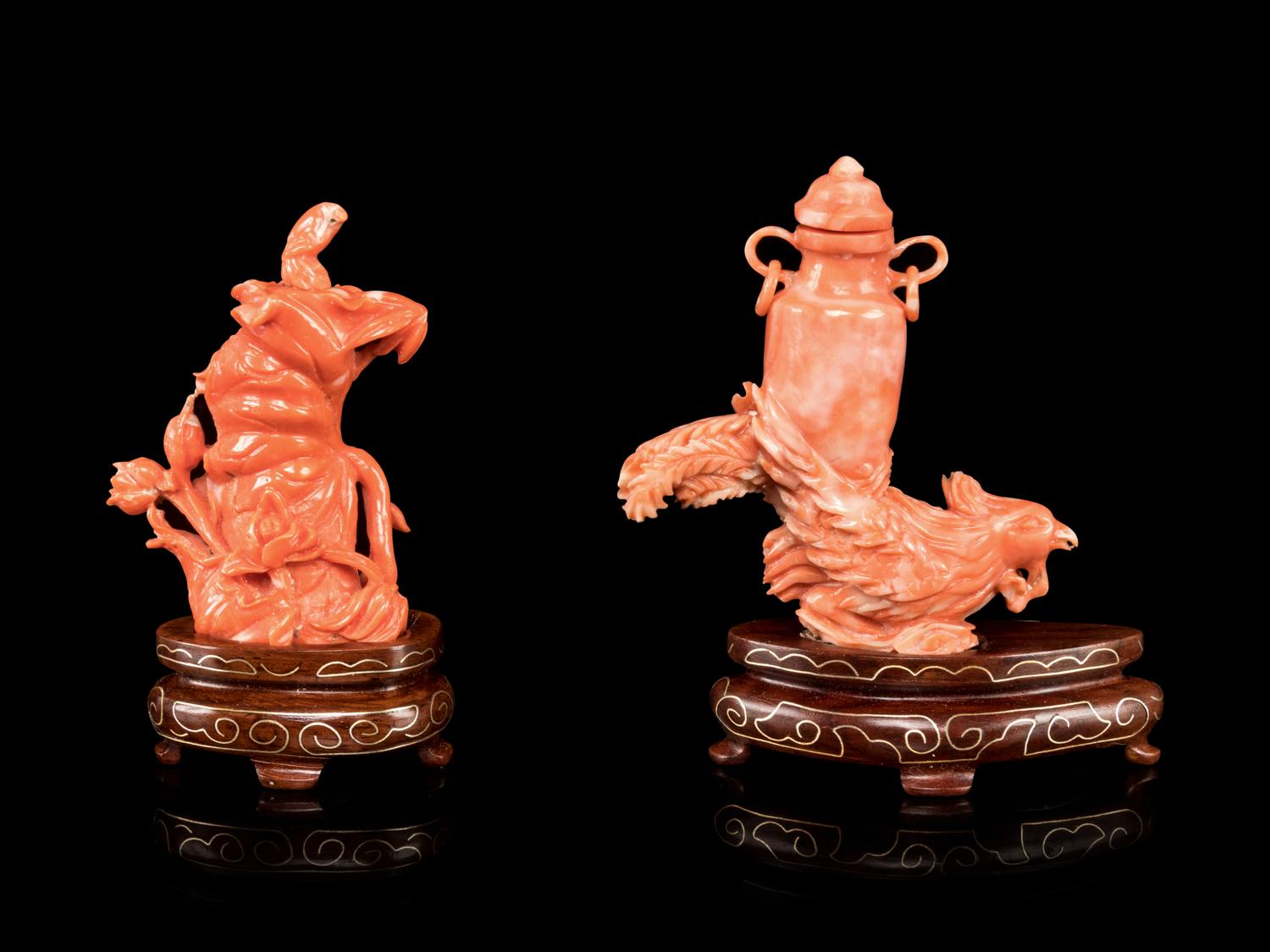 Two Carved Coral Snuff Bottles