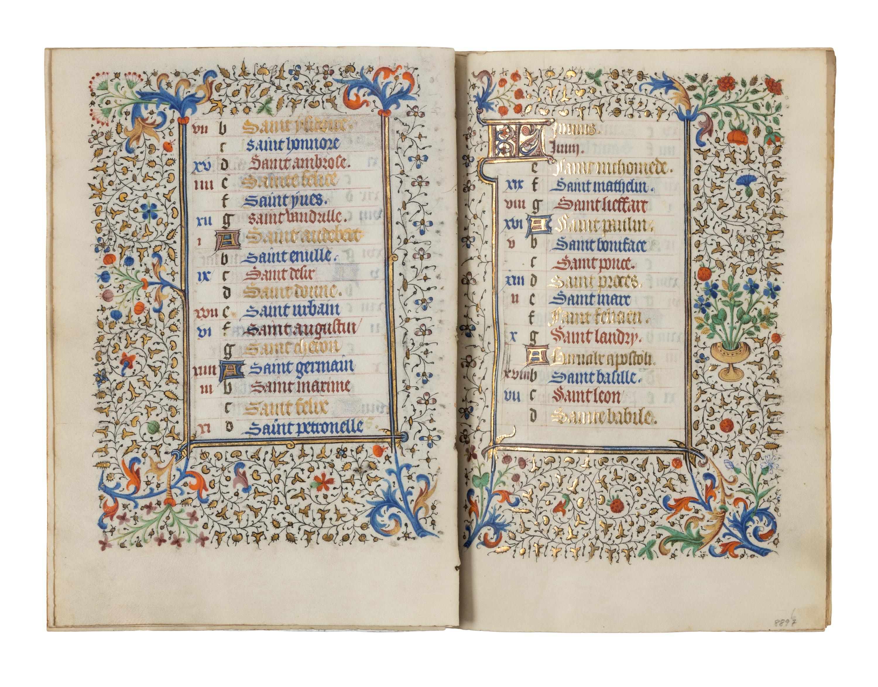 CIRCLE OF THE MASTER OF JEAN ROLIN II (active Paris, c. 1445–1465) A single quire of twelve leaves from a Book of Hours, calendar, in French, illuminated manuscript on parchment [France, Paris, c. 1450]