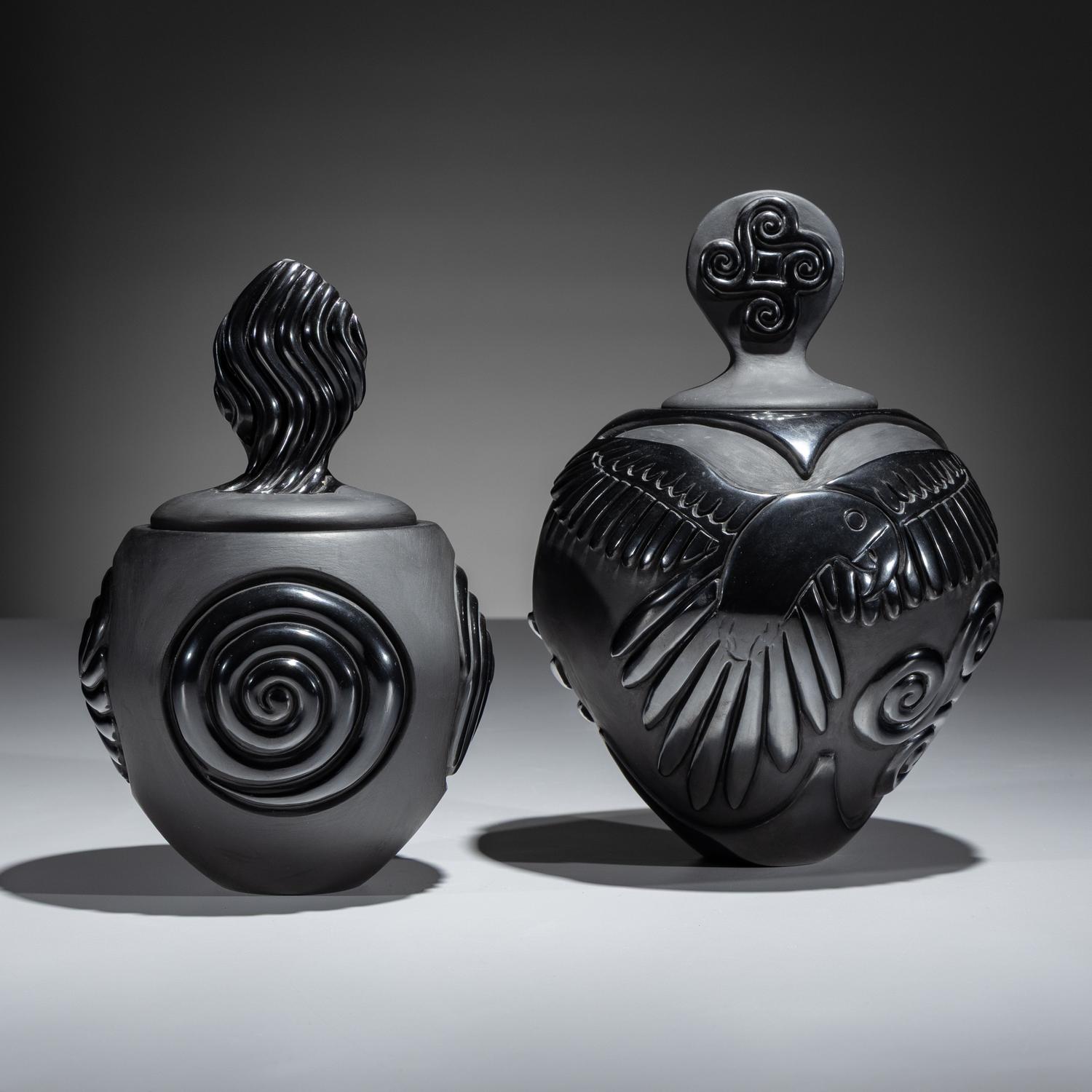 Carved Blackware Pottery Vases, Macaws and Swirls