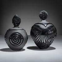 Carved Blackware Pottery Vases, Macaws and Swirls