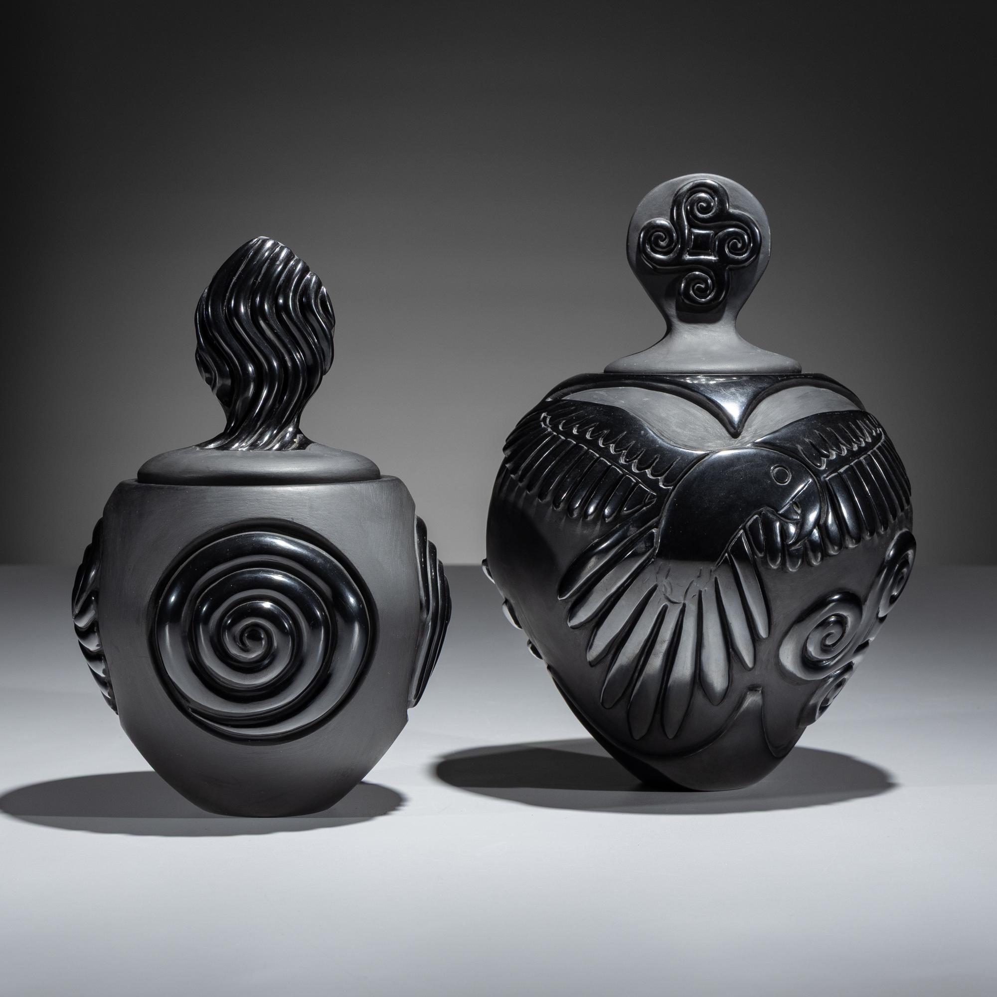 Carved Blackware Pottery Vases, Macaws and Swirls