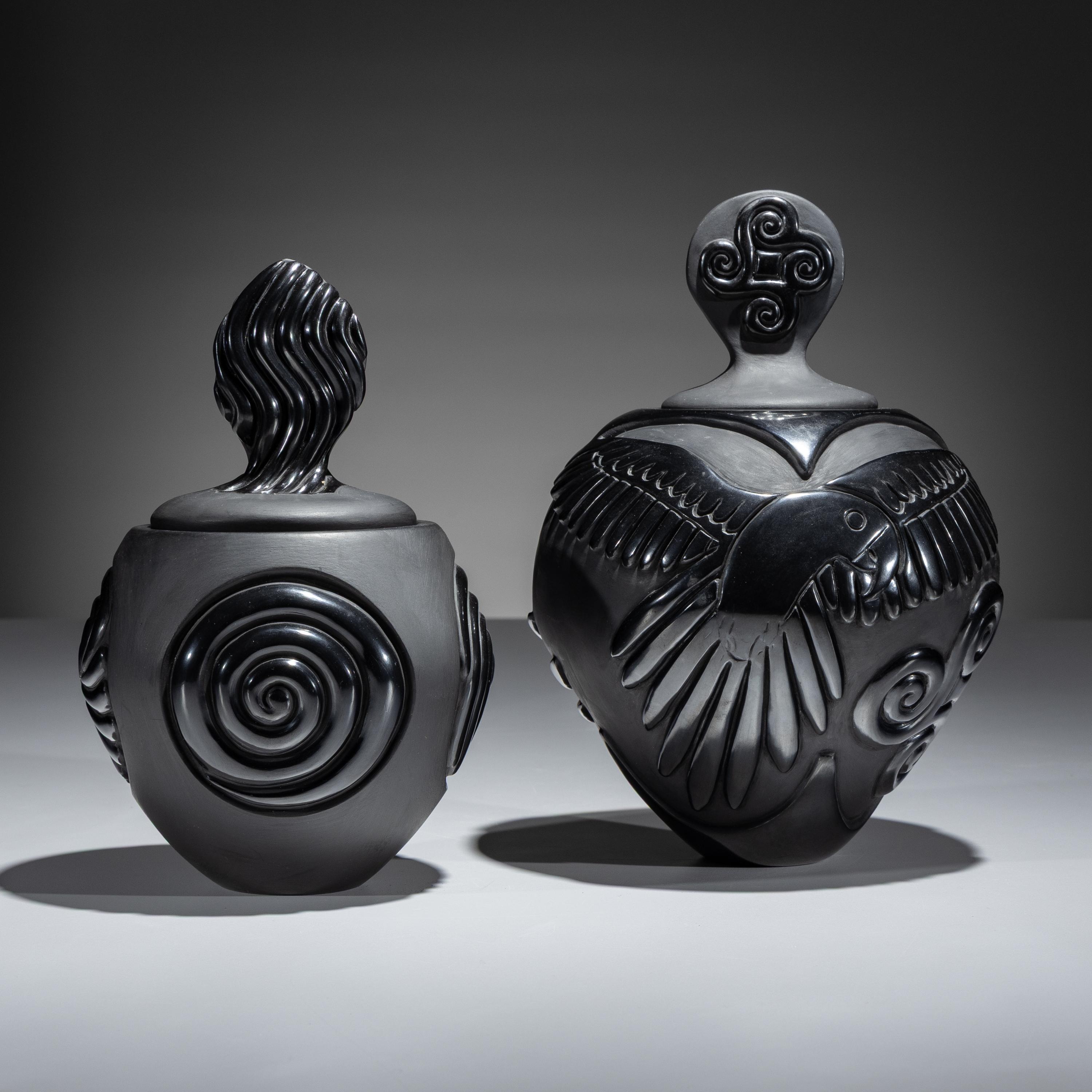 Carved Blackware Pottery Vases, Macaws and Swirls