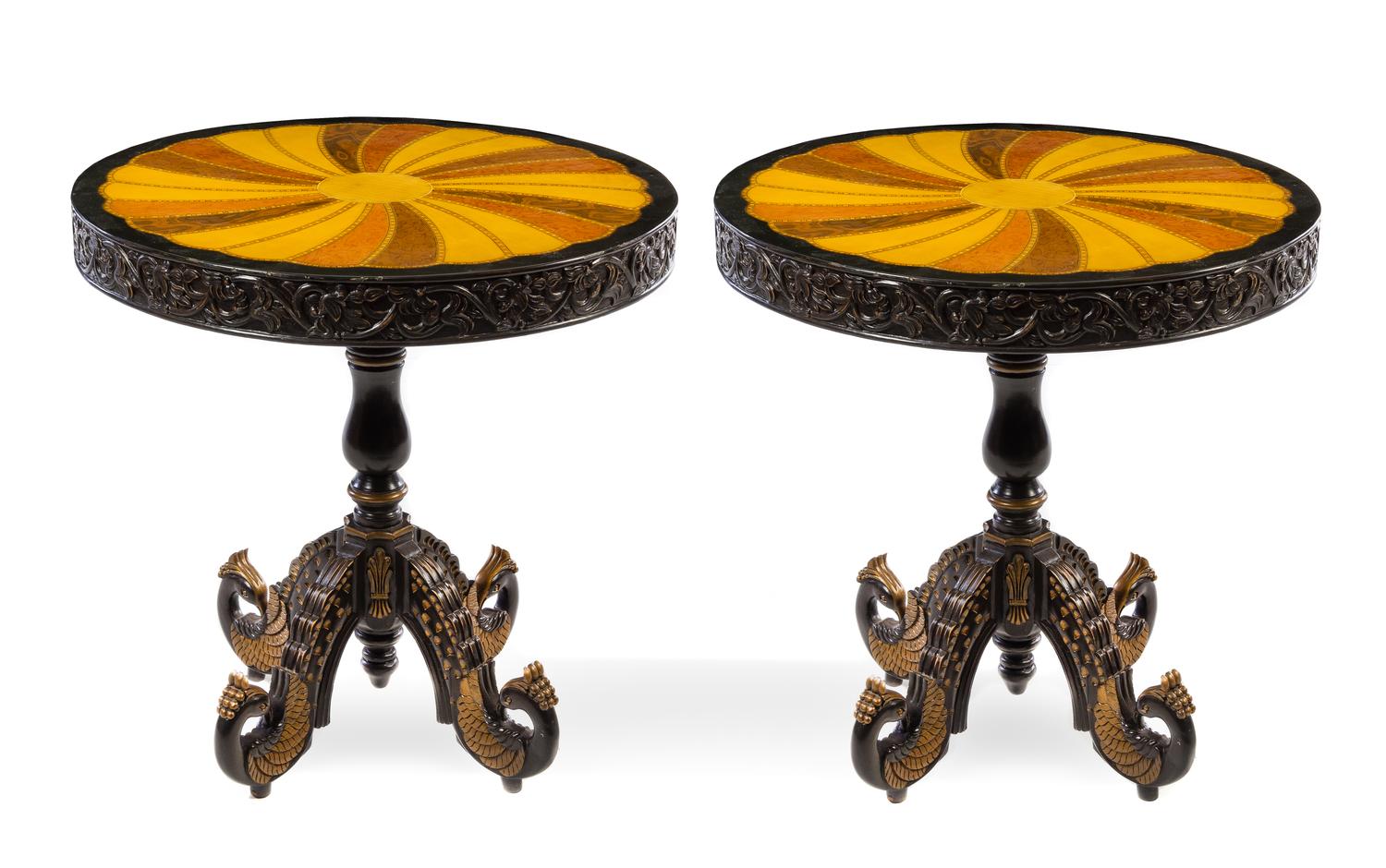 A Pair of Parquetry and Parcel Gilt Occasional Tables Height 30 1/2 x diameter of top 30 inches. — 20TH CENTURY