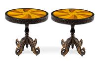 A Pair of Parquetry and Parcel Gilt Occasional Tables Height 30 1/2 x diameter of top 30 inches. — 20TH CENTURY