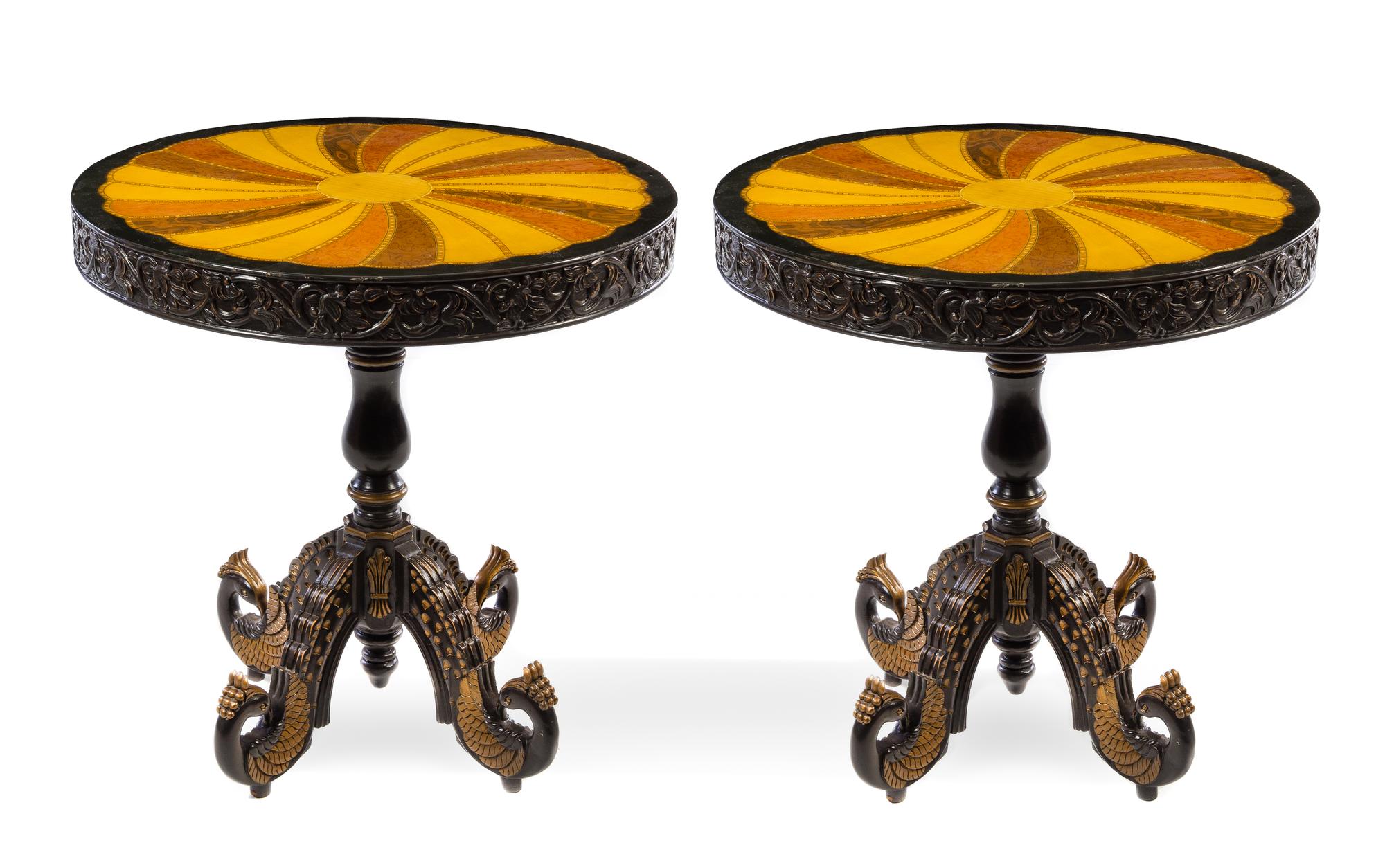 A Pair of Parquetry and Parcel Gilt Occasional Tables Height 30 1/2 x diameter of top 30 inches. — 20TH CENTURY
