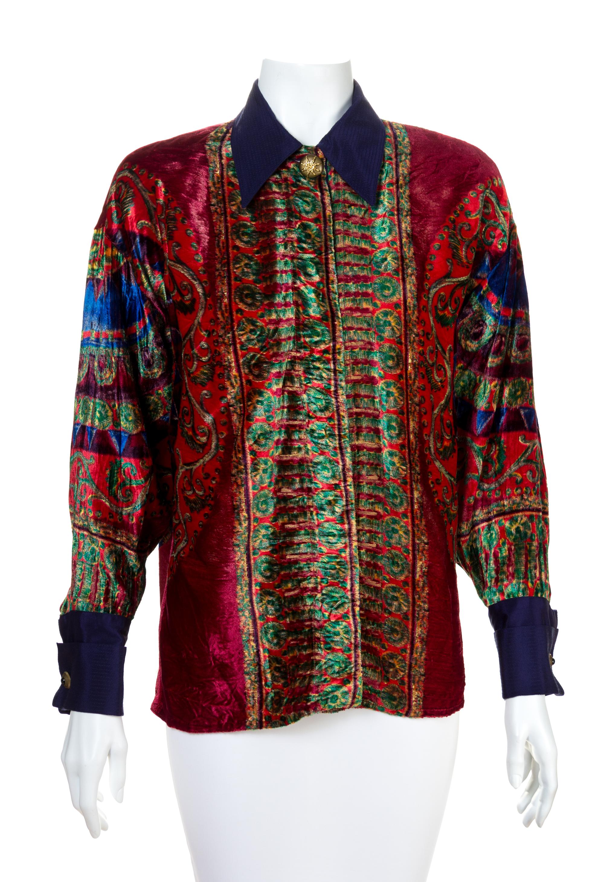 A Gianni Versace Rayon Print Blouse, Size 40.