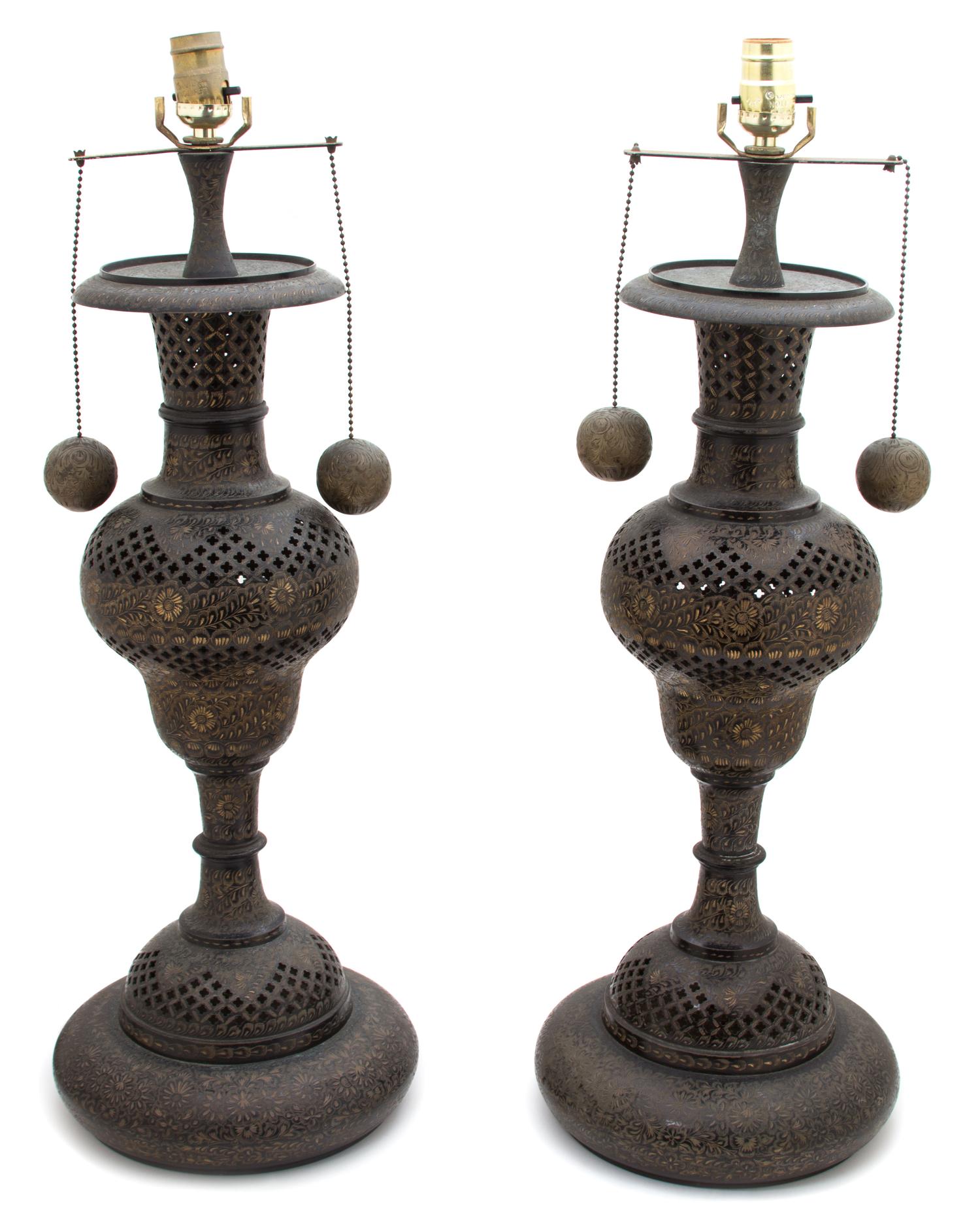A Pair of Syrian Pierced and Embossed Metal Table Lamps Height 29 x diameter 10 inches.
