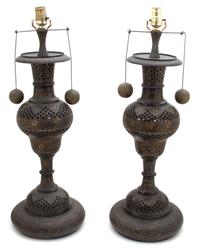 A Pair of Syrian Pierced and Embossed Metal Table Lamps Height 29 x diameter 10 inches.