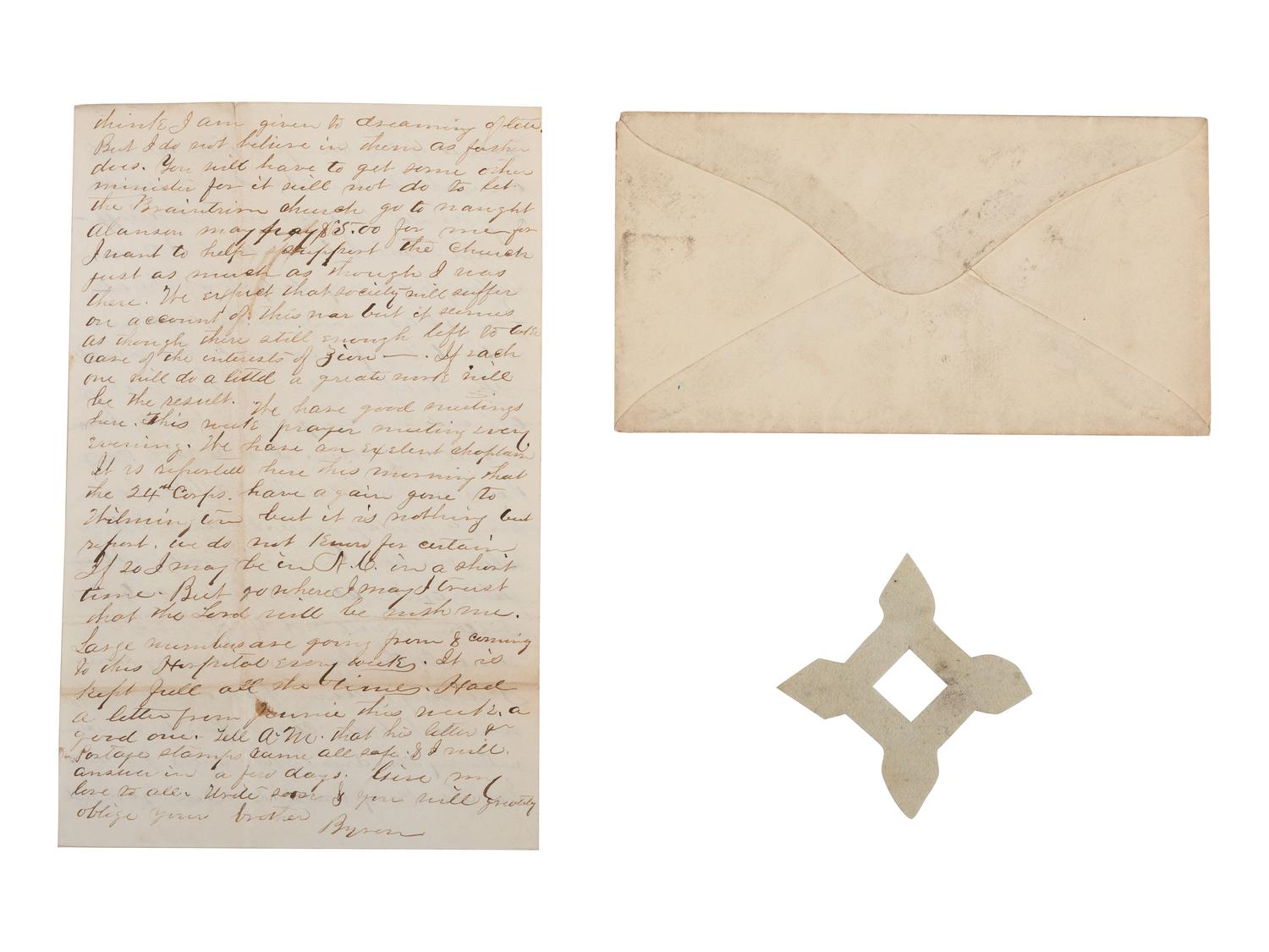 Private Byron Smith, 203rd Pennsylvania Infantry Regiment. Autographed letter with X Corps badge sent home to his sister. Hampton, VA, 6 January 1865.