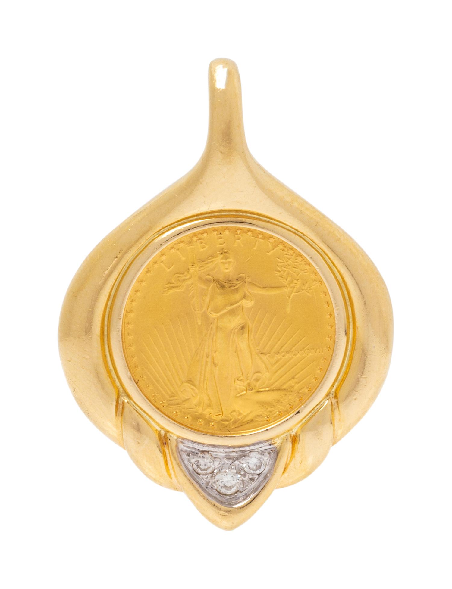 A Yellow Gold, US $5 Liberty Coin and Diamond Pendant,