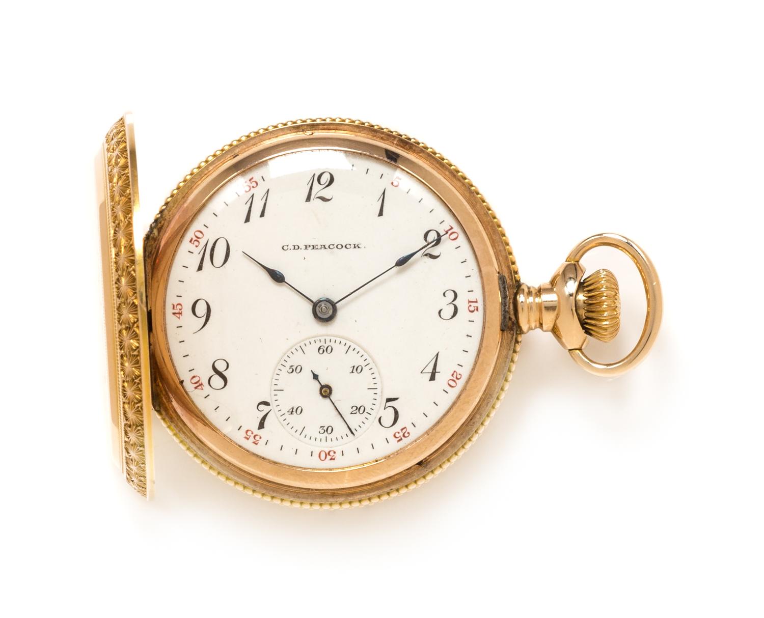 A 14 Karat Yellow Gold Hunter Case Pocket Watch, Elgin for C.D. Peacock, Circa 1904, 23.60 dwts.