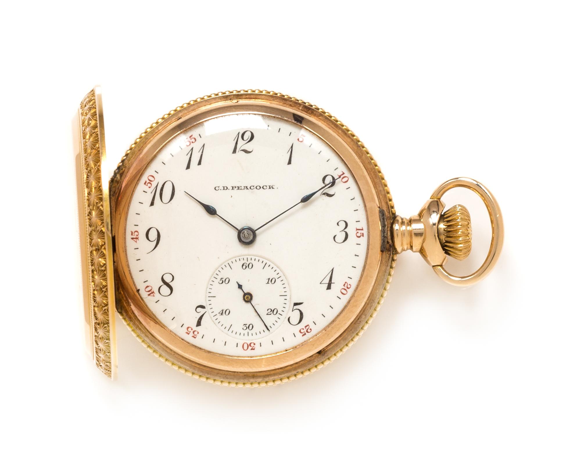 A 14 Karat Yellow Gold Hunter Case Pocket Watch, Elgin for C.D. Peacock, Circa 1904, 23.60 dwts.