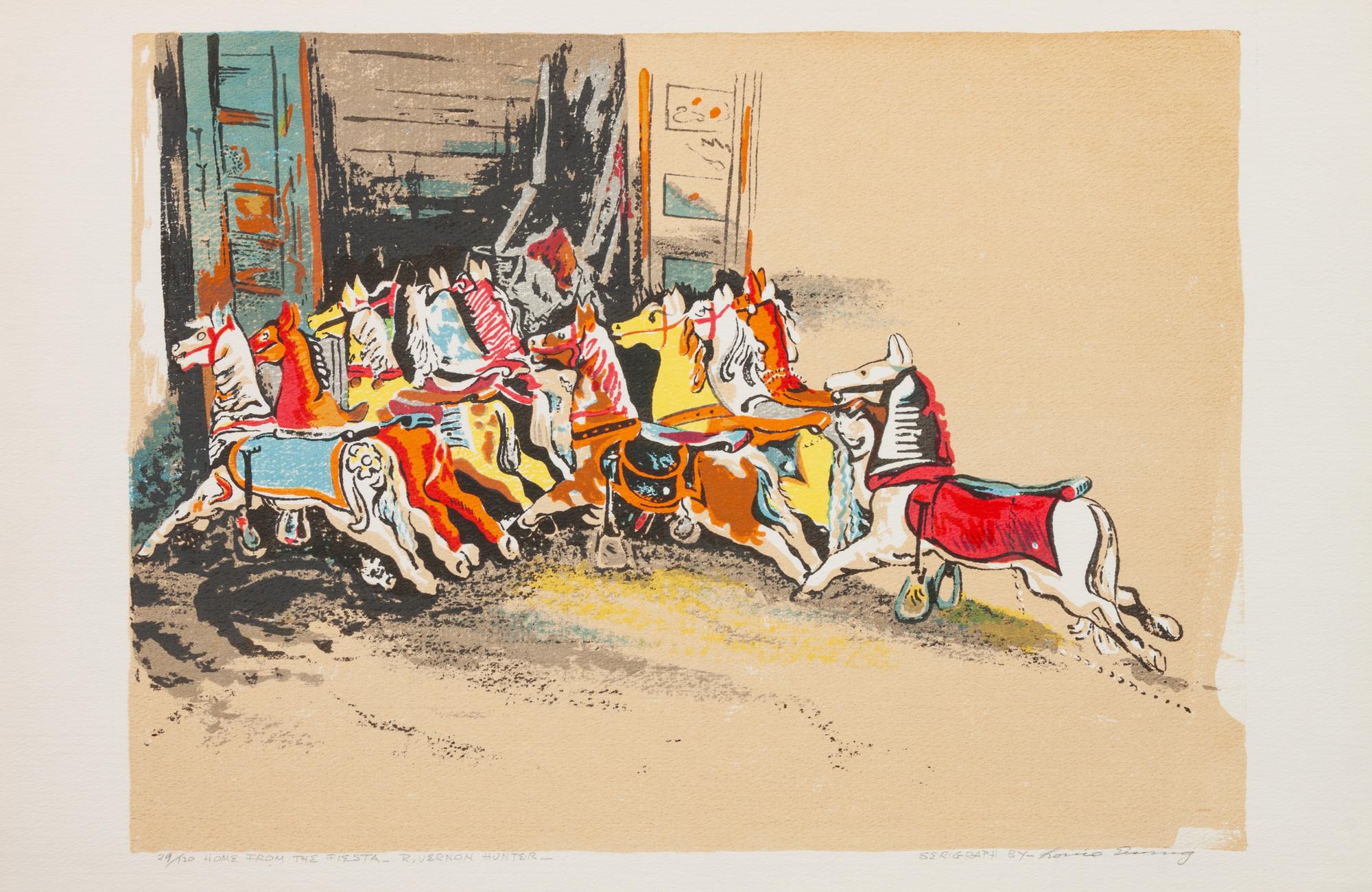 Four Works: Horse Play , edition 101/125; Basket Figure , edition 14/25; The Corral , edition 48/120; Home From the Fiesta - R. Vernon Hunter , edition 29/120