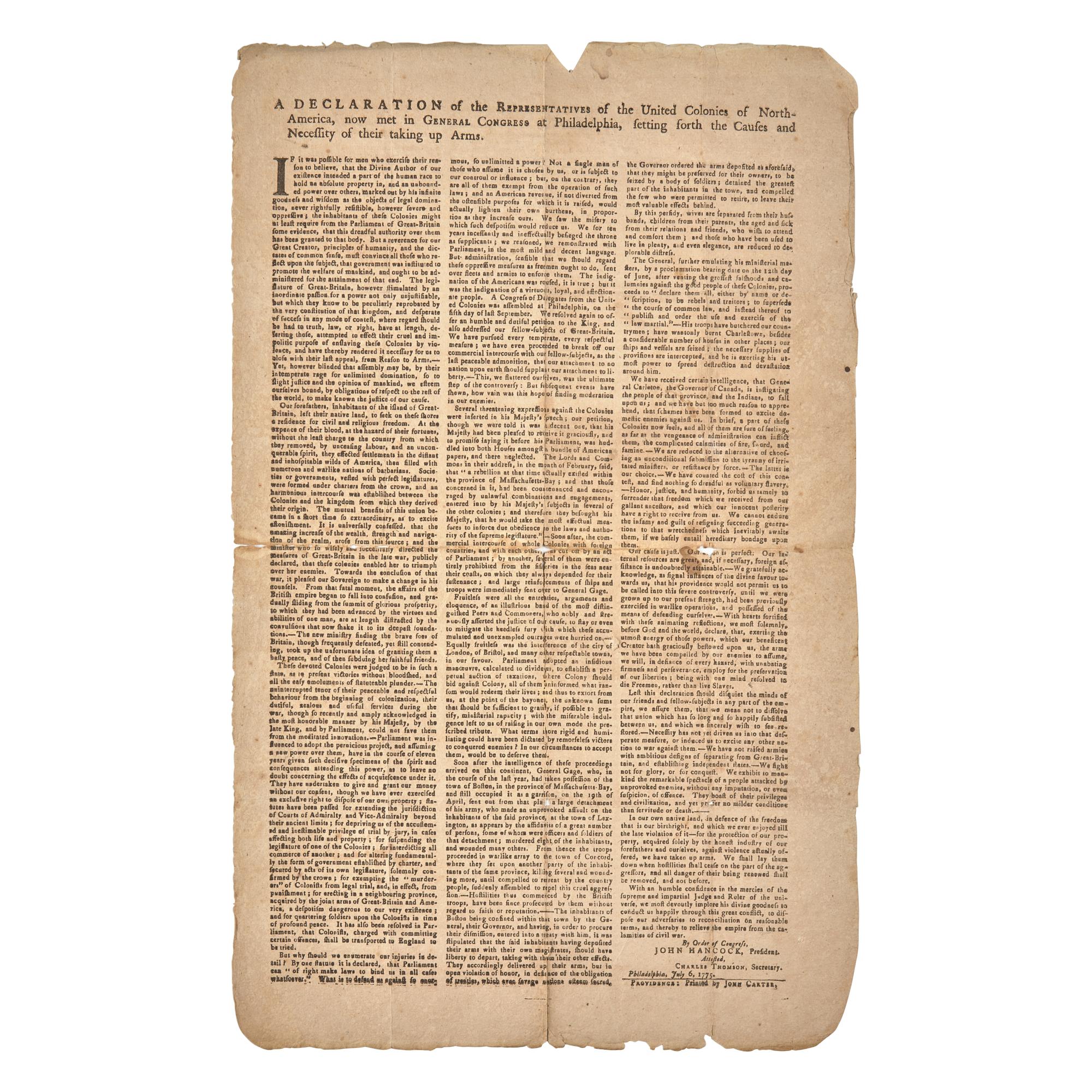 [American Revolution] (Dickinson, John, and Thomas Jefferson). A Declaration of the Representatives of the United Colonies of North-America, now met in General Congress at Philadelphia, setting forth the Causes and Necessity of their taking up Arms
