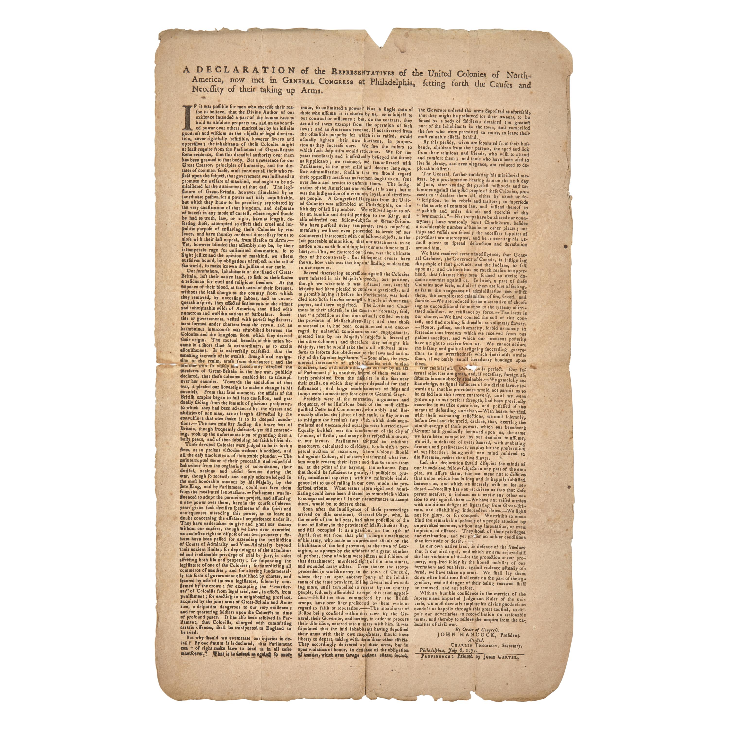 [American Revolution] (Dickinson, John, and Thomas Jefferson). A Declaration of the Representatives of the United Colonies of North-America, now met in General Congress at Philadelphia, setting forth the Causes and Necessity of their taking up Arms