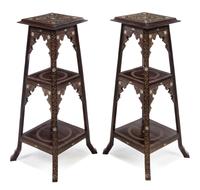 A Pair of Middle Eastern Ebonized and Mother-of-Pearl Inlaid Pedestal Tables Height 40 inches. — 20TH CENTURY