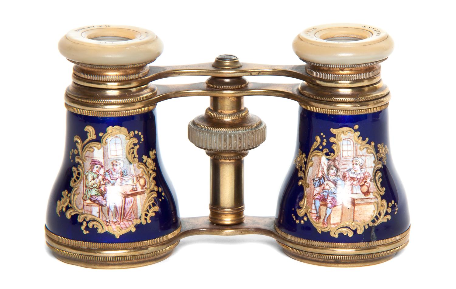 A Pair of Enameled Opera Glasses, Gibson & Co. LTD., Width 4 inches.