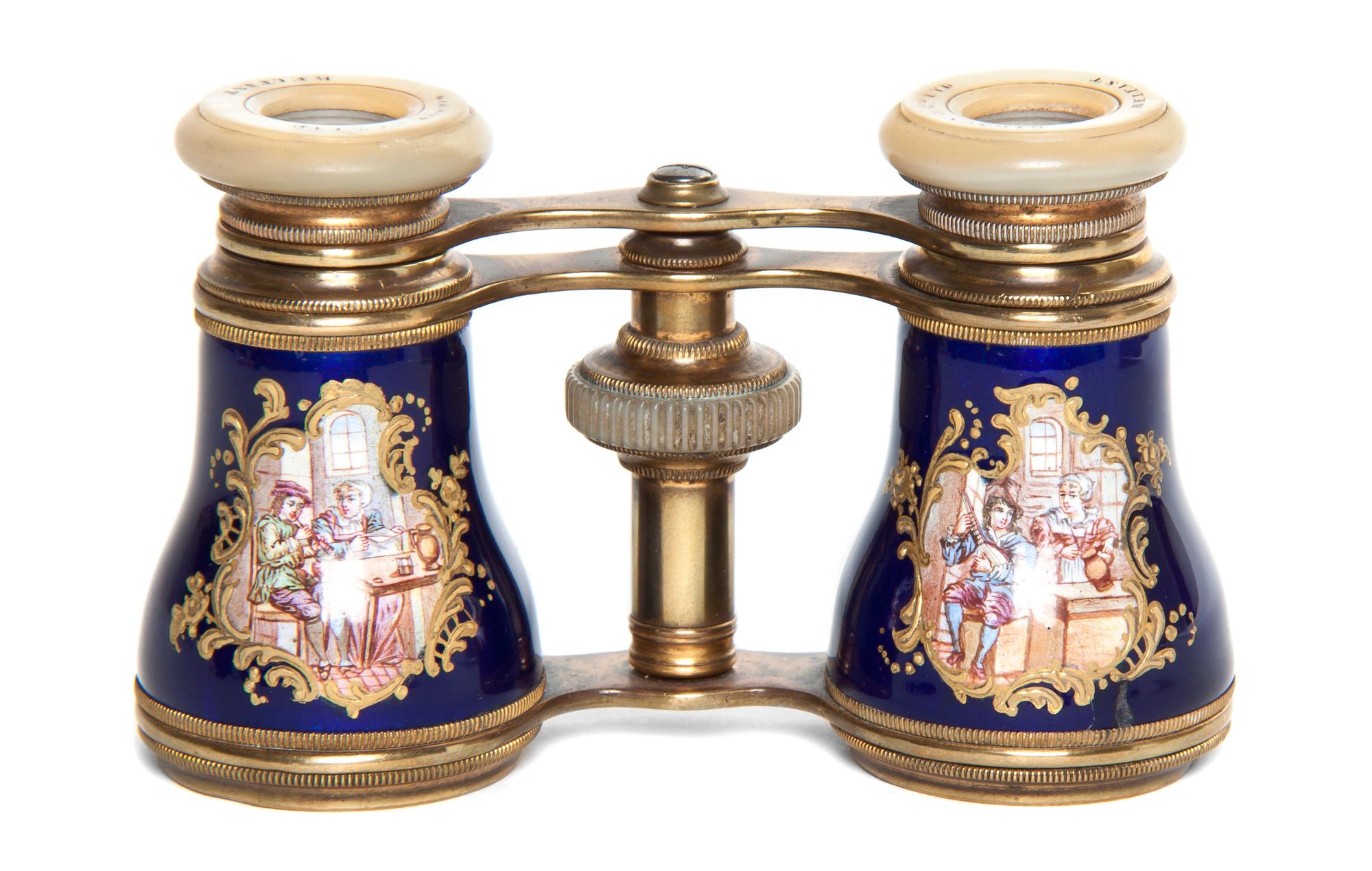 A Pair of Enameled Opera Glasses, Gibson & Co. LTD., Width 4 inches.