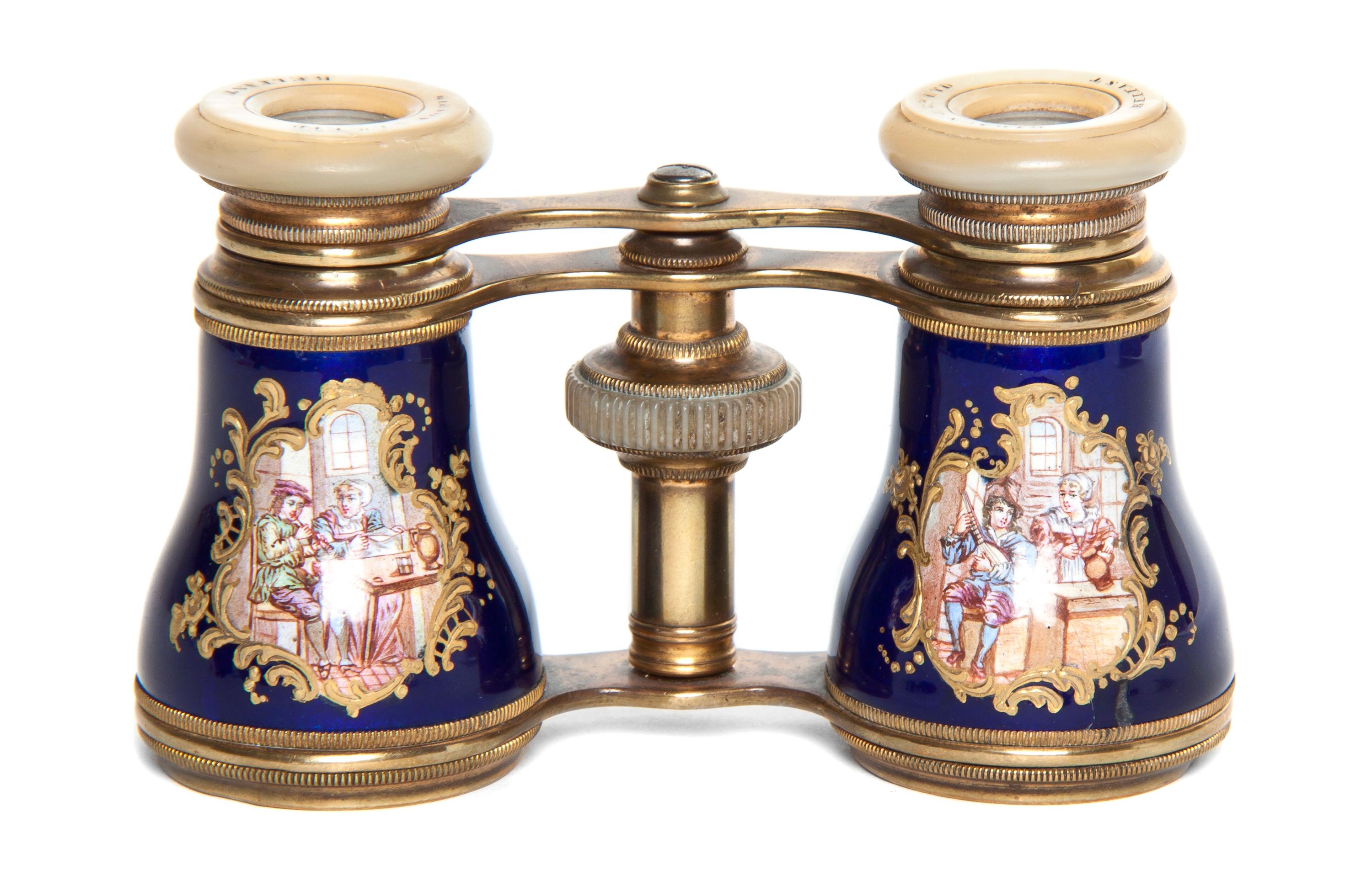 A Pair of Enameled Opera Glasses, Gibson & Co. LTD., Width 4 inches.