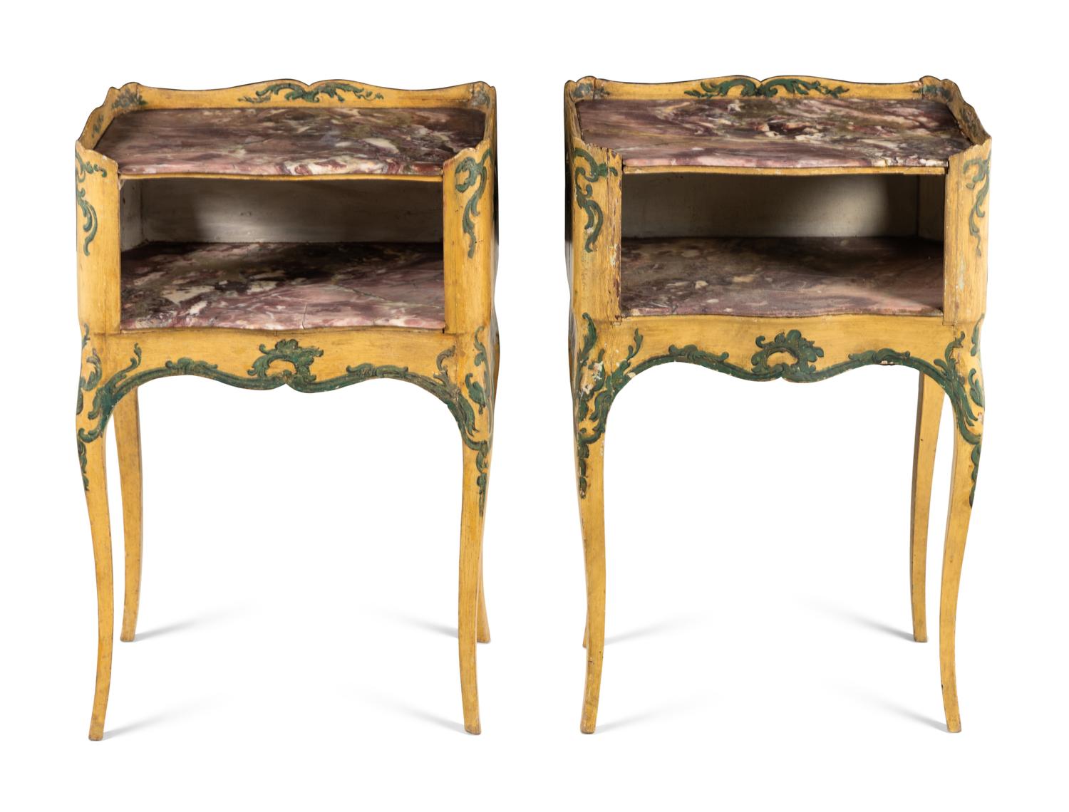 A Pair of North Italian Yellow and Green Painted Marble-Top Commodini