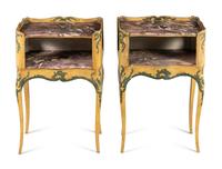 A Pair of North Italian Yellow and Green Painted Marble-Top Commodini