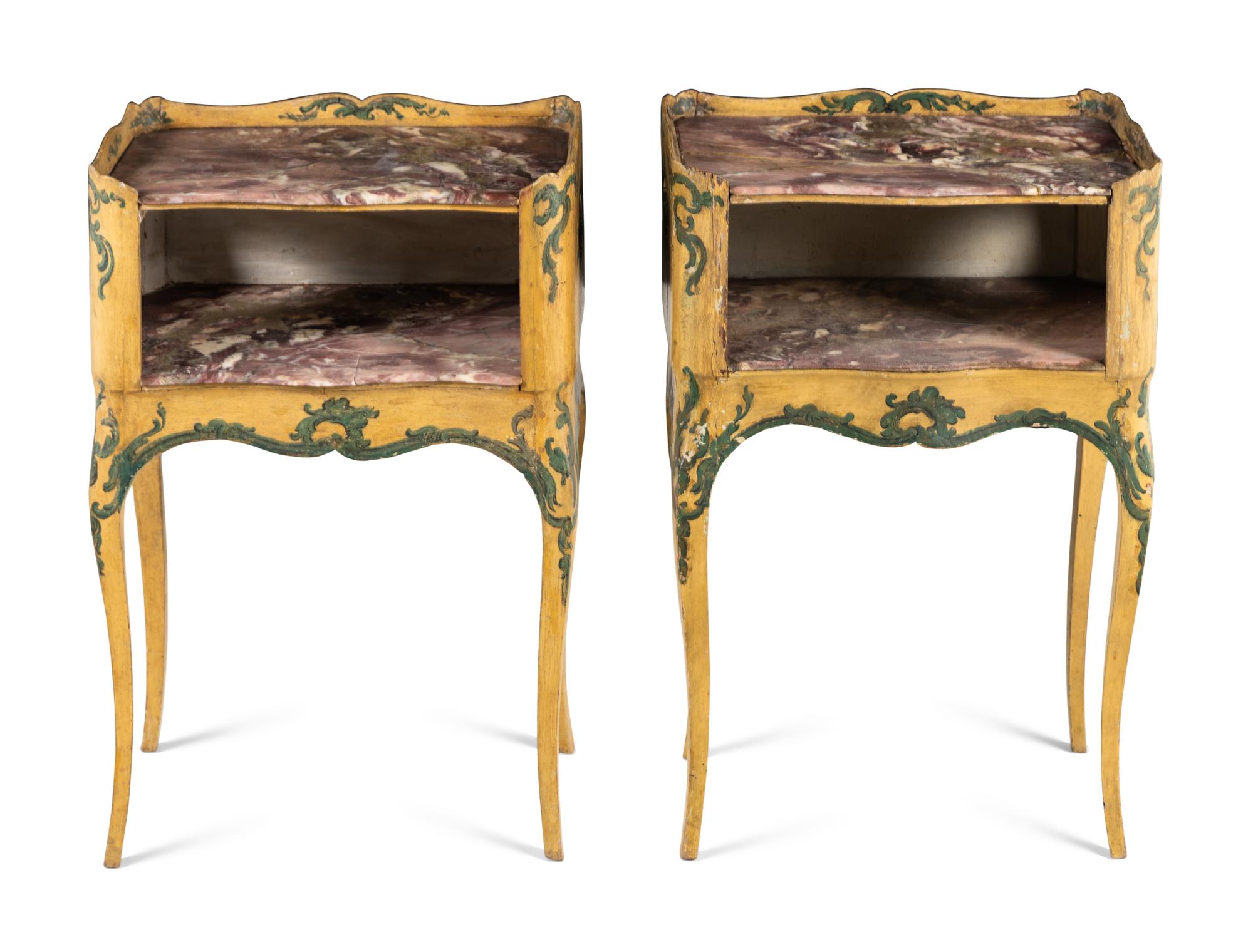 A Pair of North Italian Yellow and Green Painted Marble-Top Commodini