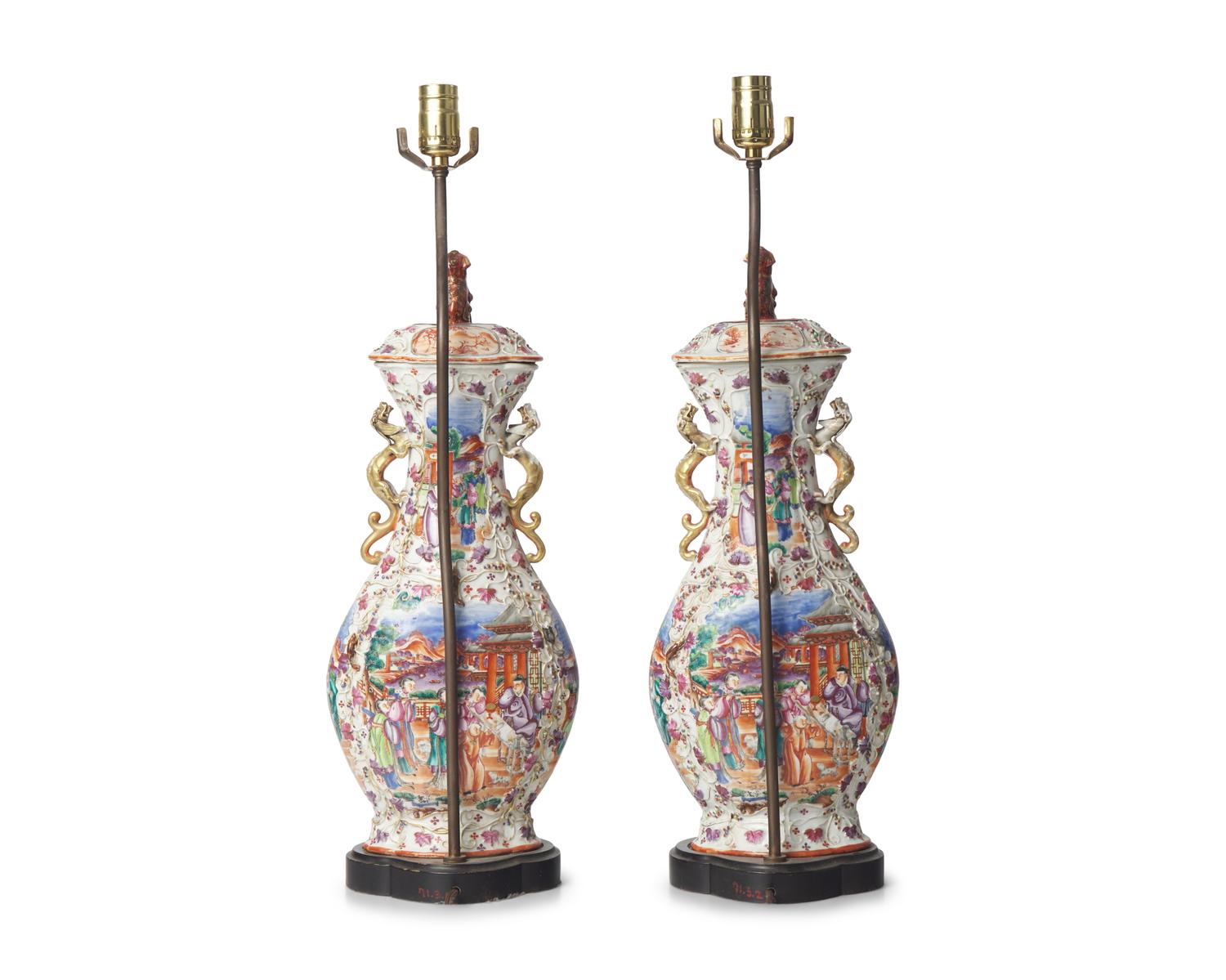 A Pair of Chinese Export Porcelain Covered Vases Mounted as Lamps
