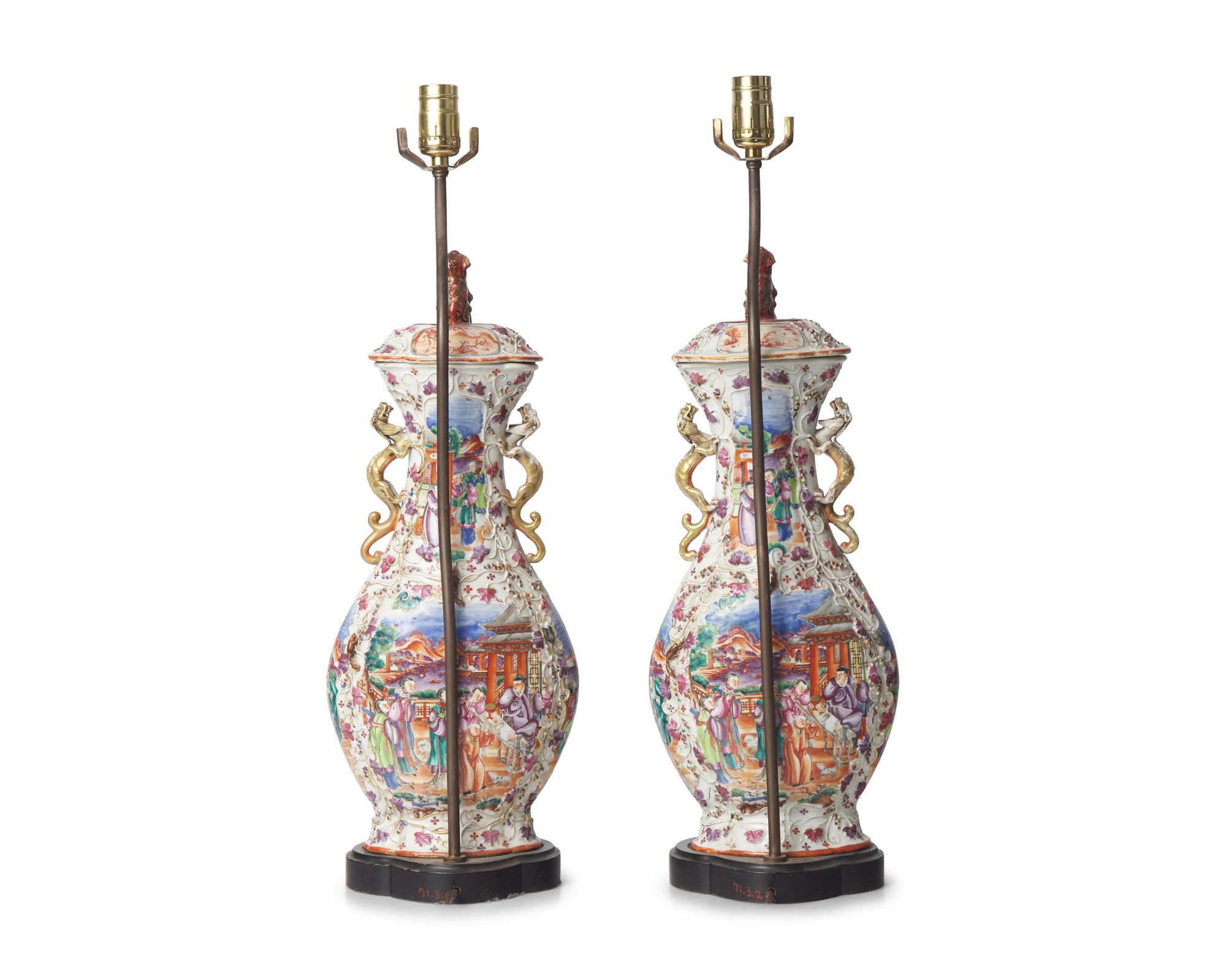 A Pair of Chinese Export Porcelain Covered Vases Mounted as Lamps