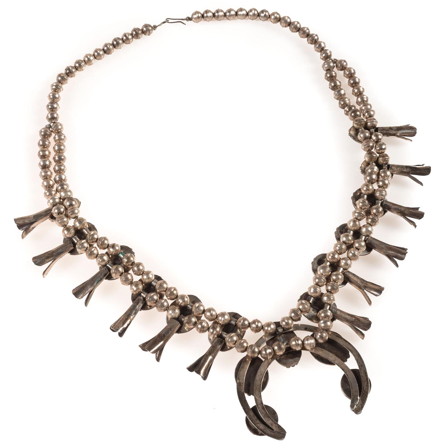 Navajo Silver and Turquoise Squash Blossom Necklace