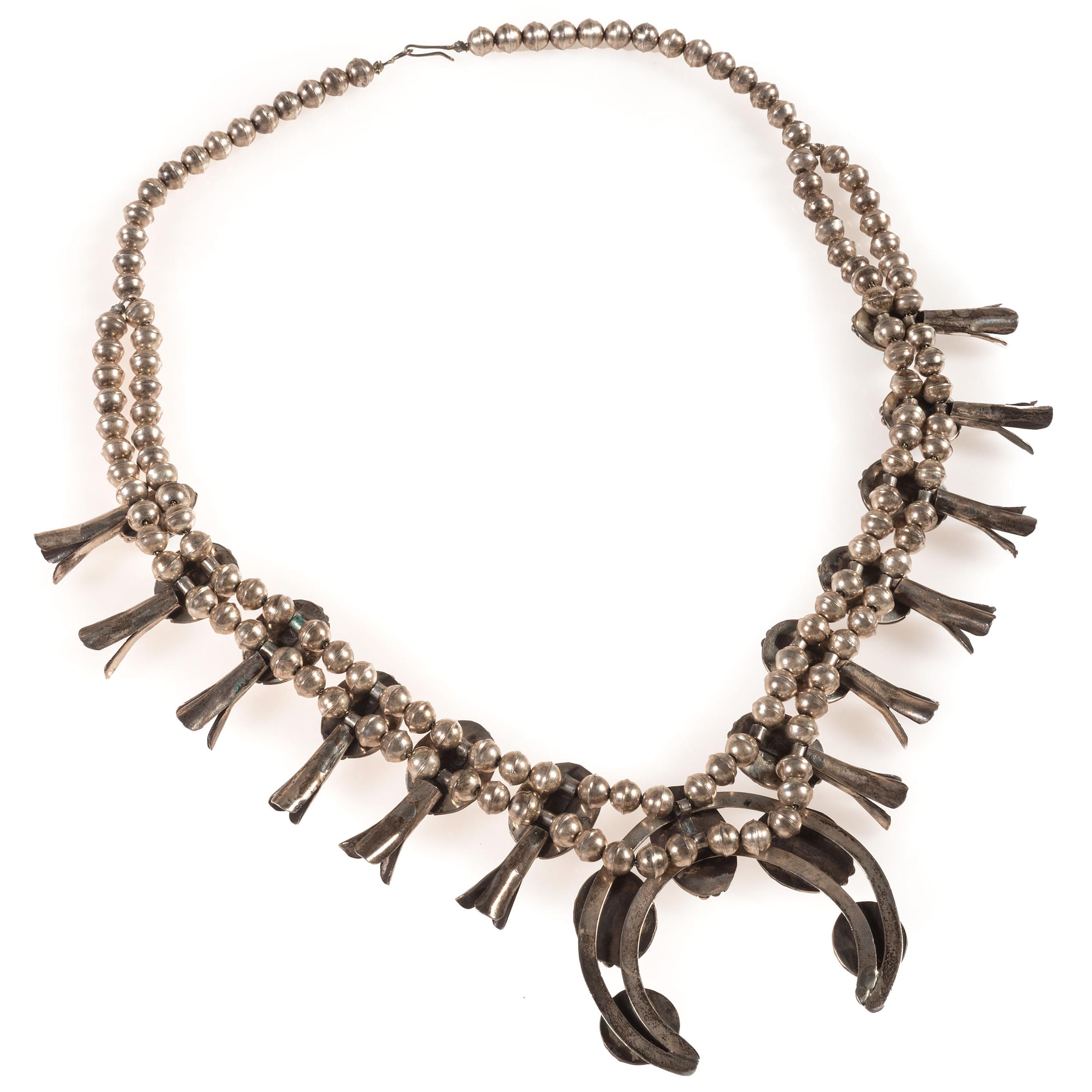 Navajo Silver and Turquoise Squash Blossom Necklace