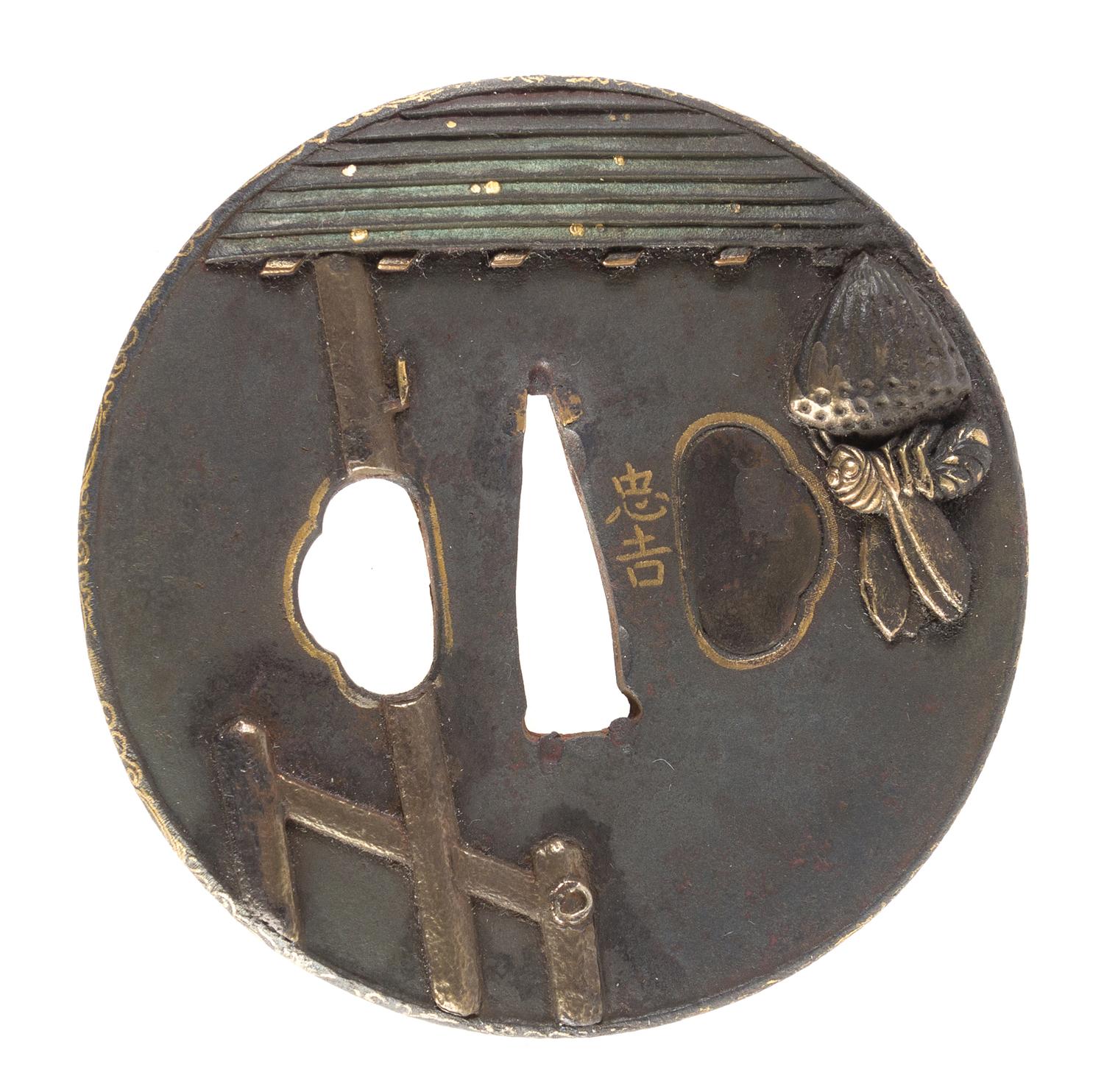 A Bronze Inlaid Iron Tsuba Diameter 3 1/8 inches.
