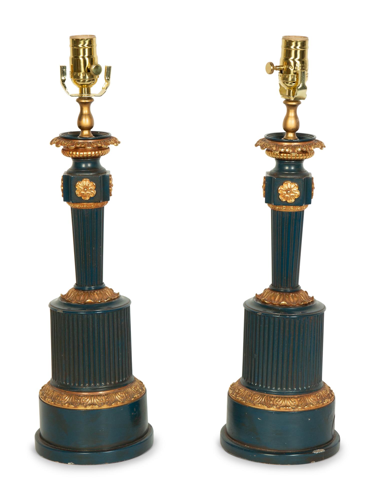 A Pair of French Tole Fluid Lamps Converted to Electricity