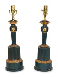A Pair of French Tole Fluid Lamps Converted to Electricity