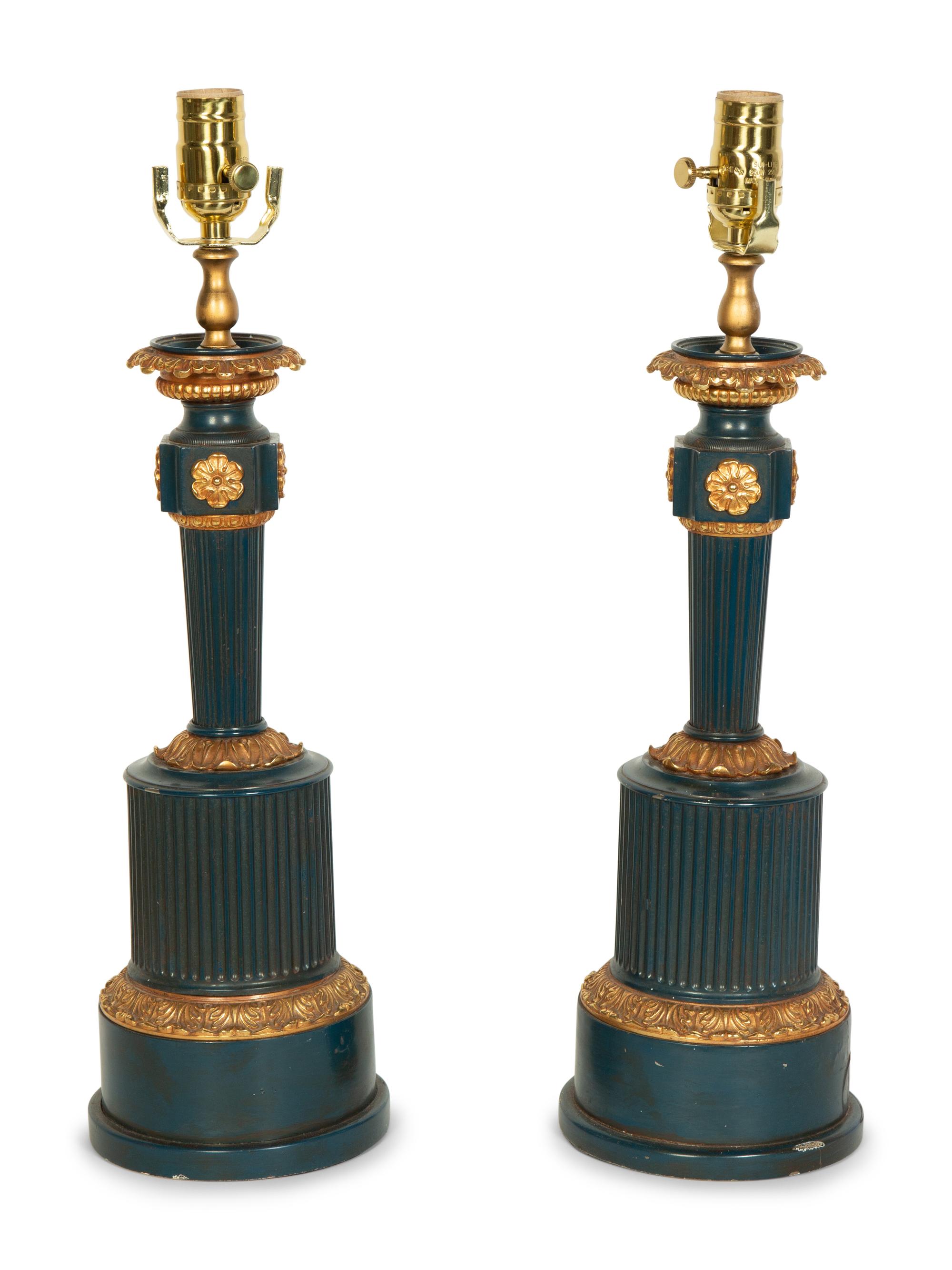 A Pair of French Tole Fluid Lamps Converted to Electricity