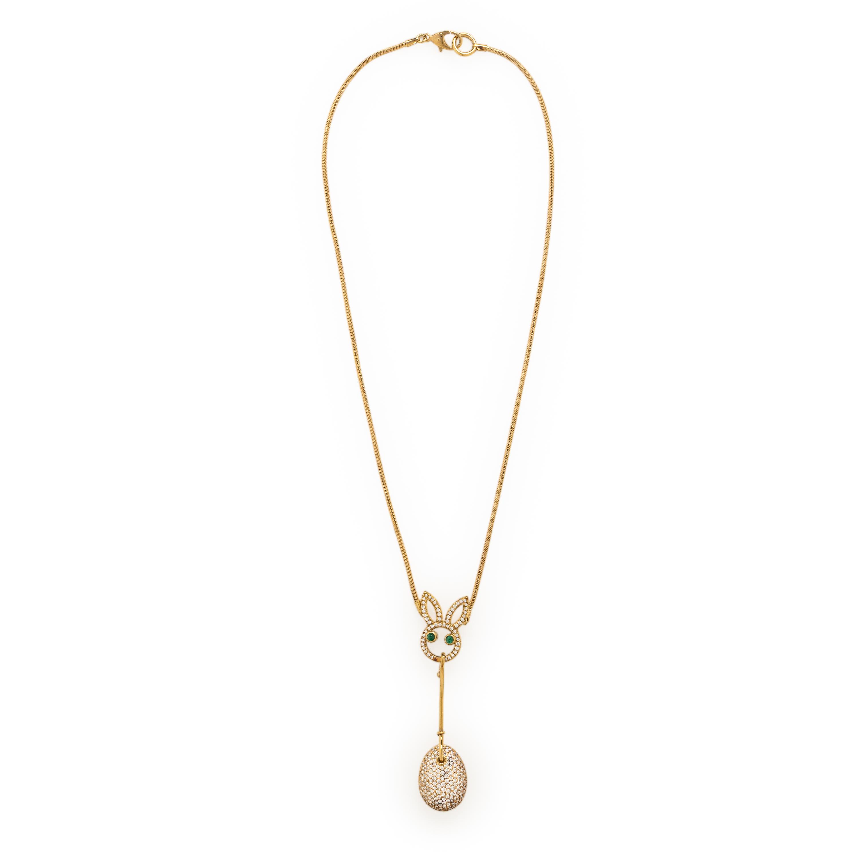 Yellow Gold, Diamond, and Emerald Bunny Necklace