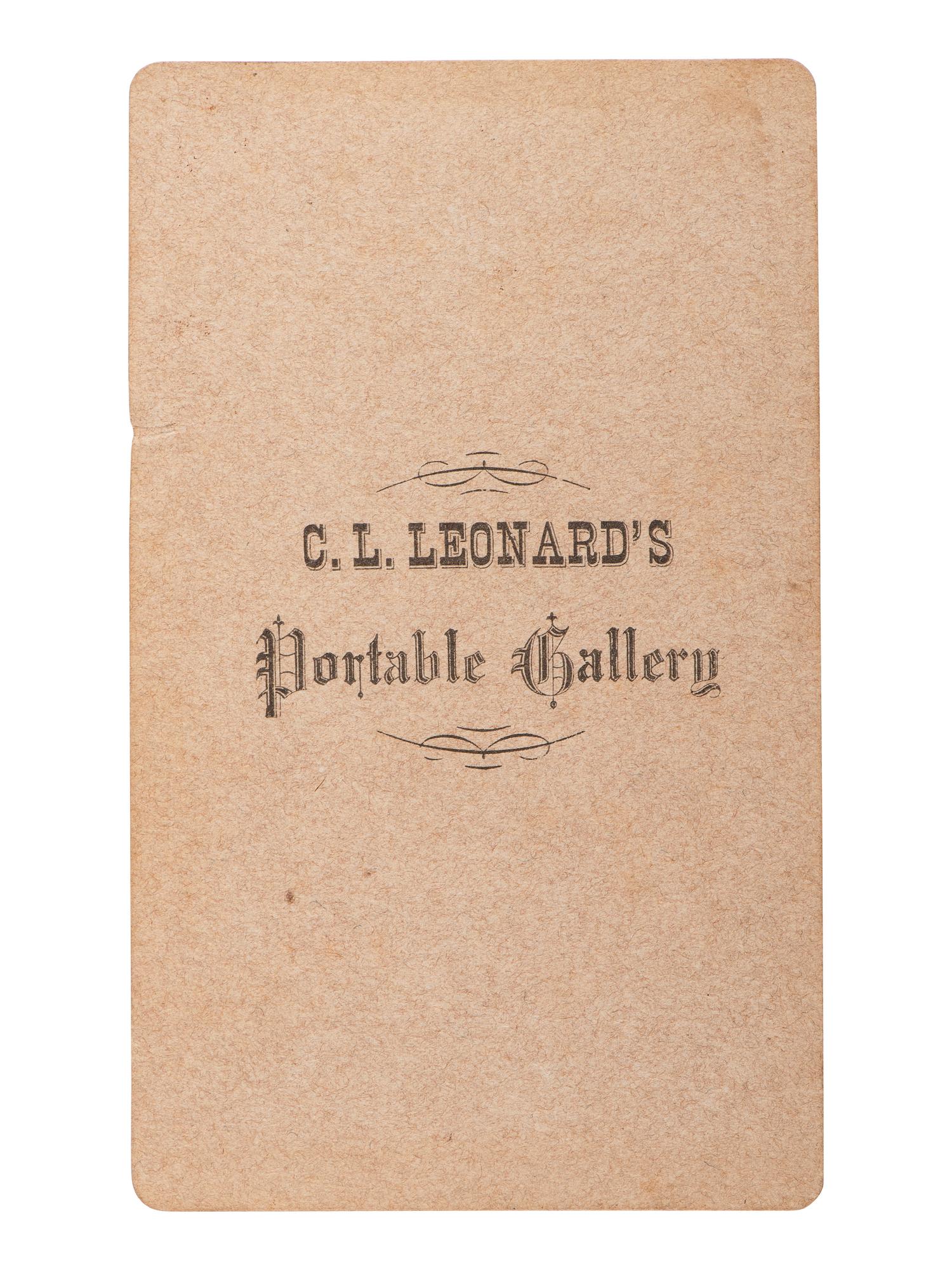 [EARLY PHOTOGRAPHY]. CDV of itinerant photographers with a camera. [Salem, PA]: C.L. Leonard's Portable Gallery, ca 1860s.