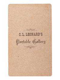 [EARLY PHOTOGRAPHY]. CDV of itinerant photographers with a camera. [Salem, PA]: C.L. Leonard's Portable Gallery, ca 1860s.