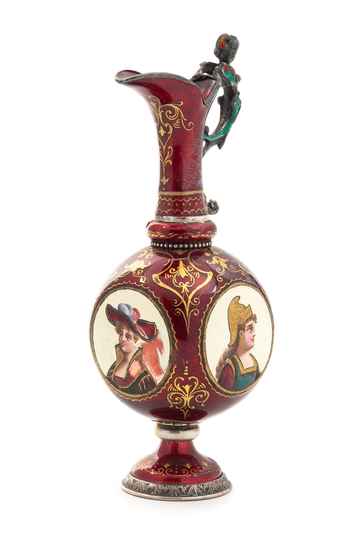 A Continental Enameled Silver Miniature Ewer Height 5 1/8 inches.