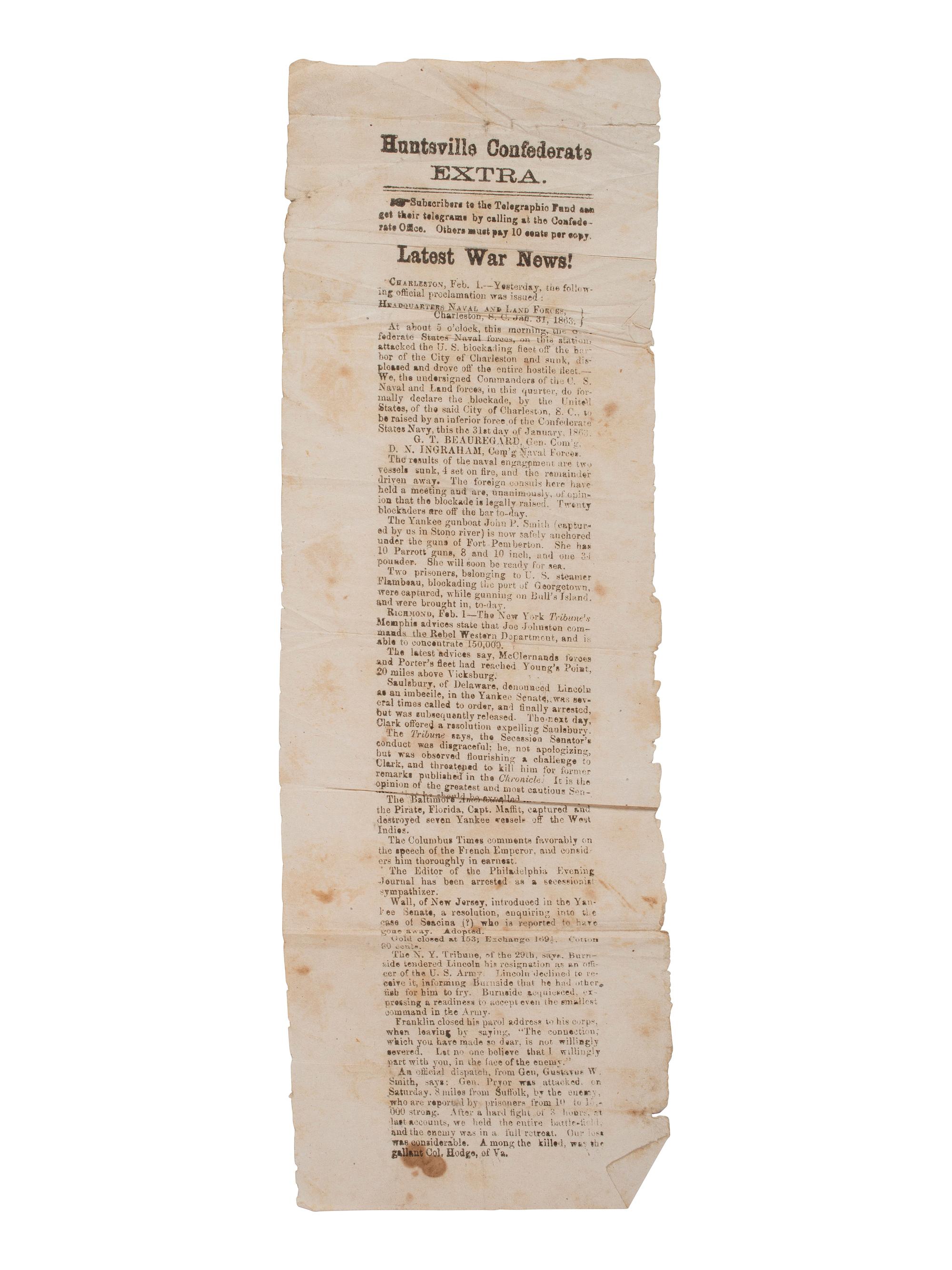 [CIVIL WAR]. Huntsville Confederate Extra . 1 February 1863.