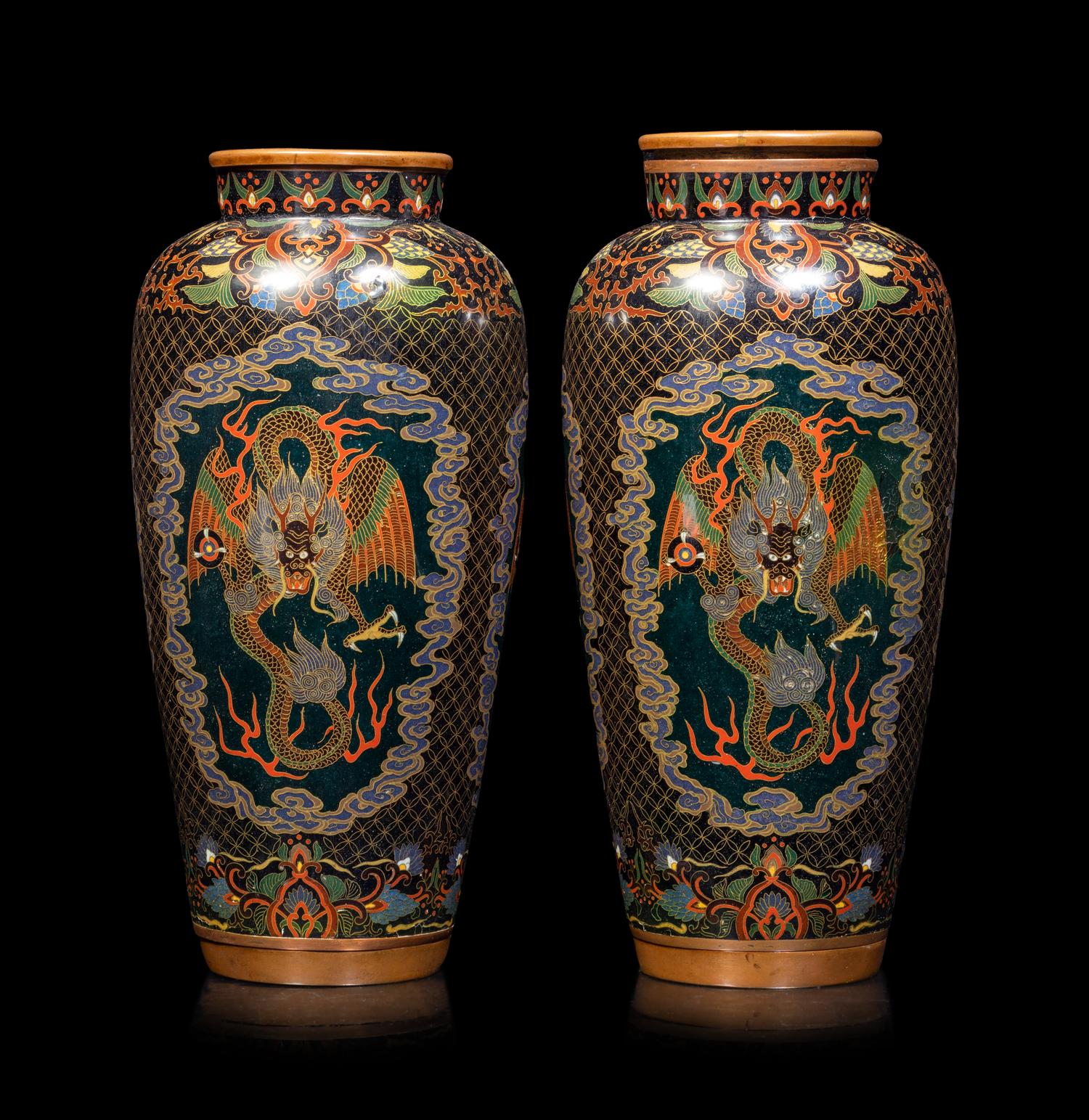 Two Pairs of Japanese Cloisonné Enamel 'Dragon' Vases