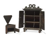 Two Valuables Chests: A Miniature Painted Cupboard and a Walnut Box