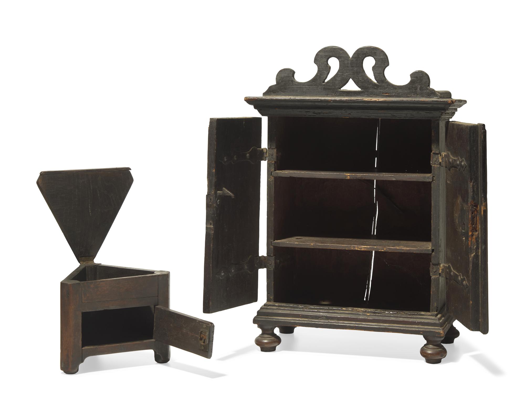 Two Valuables Chests: A Miniature Painted Cupboard and a Walnut Box